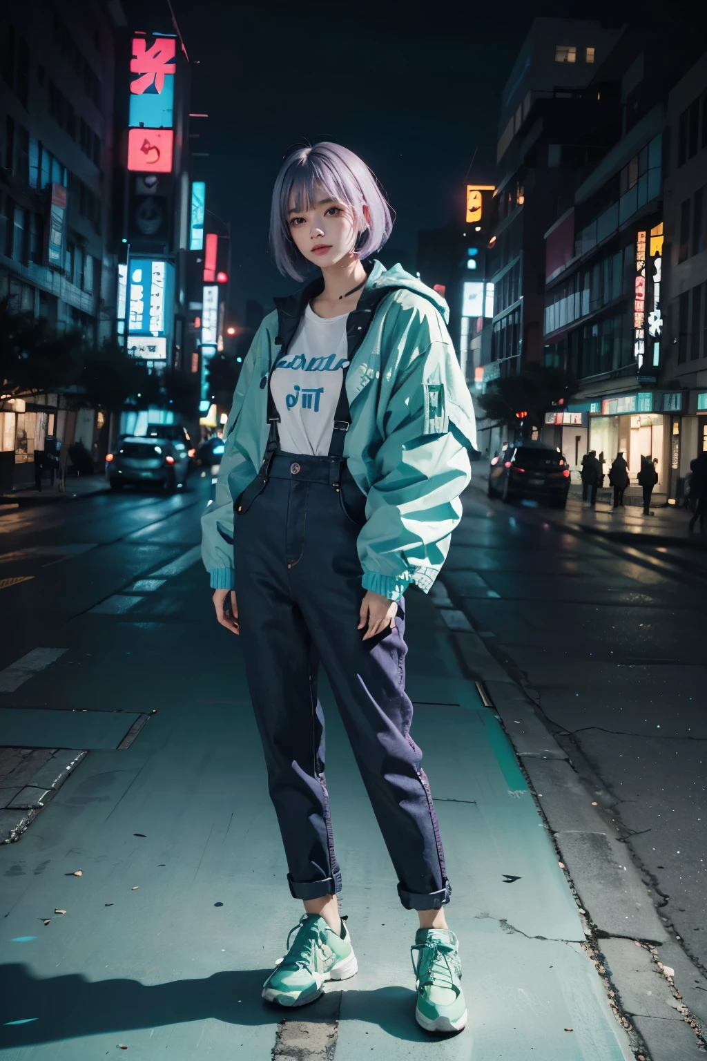 (1beautiful girl:1.1), (light purple hair:1.1),(bob cut hair:1.1), (blunt bangs), (squinting), (evil smile), (vivit mint blue down jacket:1.4),(Extra long sleeves:1.1), 18 year old,  (white t-shirts), (dungaree),mint blue sneaker, futuristic cyberpunk style, standing,  (full body:1.1), side view, ((night super futuristic cyberpunk city background))