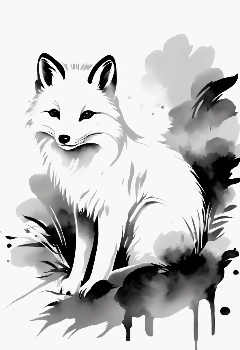 arctic fox，black and white painting，Outline with black ink，smooth lines，通过墨迹的浓淡对比展现arctic fox的表情和姿态，Simple background，Emphasis on light, shadow and space，lots of white space，Use thick and light inks to create light and dark changes and layers，Choose the right ink color，Such as deep black、thick gray、light coffee, ETC，express different situations and atmospheres，Control the gradient and transition of ink colors through the humidity and consistency of the ink，black and white tones， 中国传统ink painting, Chinese traditional art, ink painting, 中国ink painting, Chinese painting style