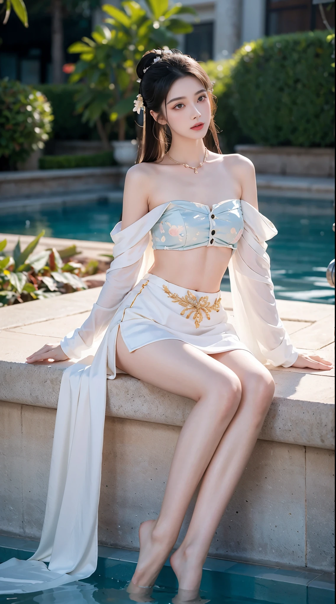 best picture quality，extremely high resolution，Very detailed，stunning girl，sitting in the pool，long eyelashes，big eyes，shining eyes，lying silkworm，plump lips，small nose，a happy expression，Sweet，Exquisite makeup，full-body shot，snow white skin，slim figure，take off shoulders，clavicle，abdomenband，abdomen，abdomen button，Slender white legs，White and tender skin，White embroidered mini skirt，necklace，Showing thighs，lace，Sweet，long hair flying，best quality，masterpiece，full-body shot，facial focus，slim figure，细腰白色abdomenband，imagine，full-body shot
Model: Hanfu, CFG scale: 7, Hire high-end talents: 1.5, Laura: future fashion(0.4)、neon(0.4)、martial arts(0.8)、Asian Face Girls-2(0.4)、poetic fairy tale(0.01)