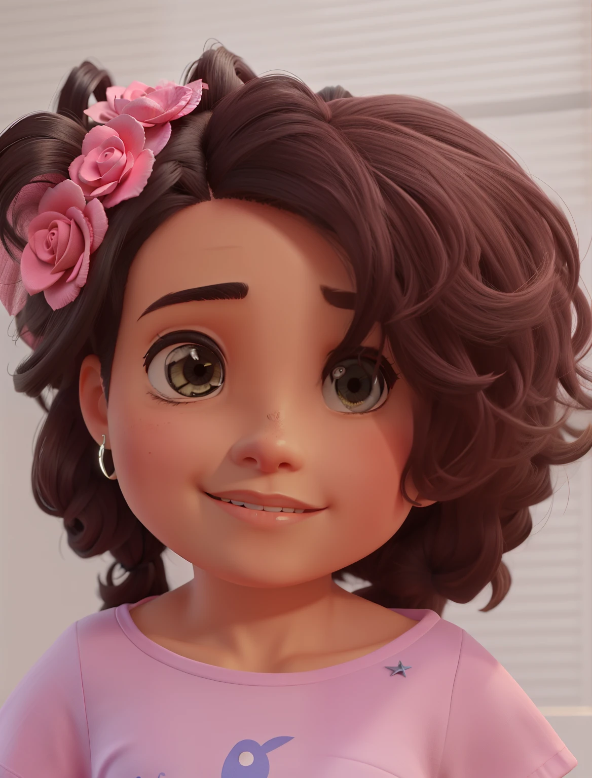negra,olhos castanhos,Baton rosa,cabelo cacheado castanho,blusa rosa, idade de 3 anos ,olhando para a foto