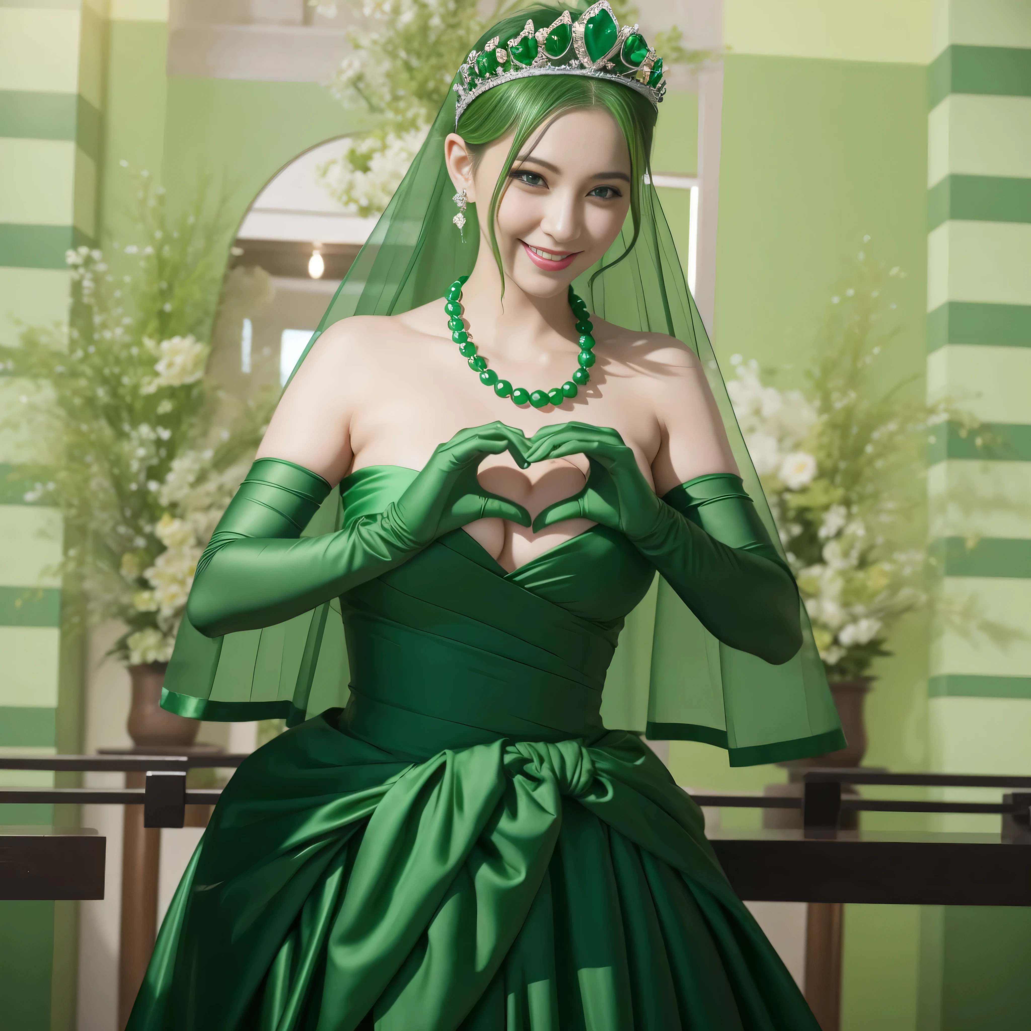 emerald tiara, Green Pearl Necklace, ボーイッシュな非常に短いgreen hair, lipstick, smiling Japanese woman, very short hair, beauty of big breasts, green eyes, green satin long gloves, green eyes, emerald earrings, Green veil, Heart with both hands, green hair, beautiful japanese woman, heart shaped hands:1.3, green lip gloss