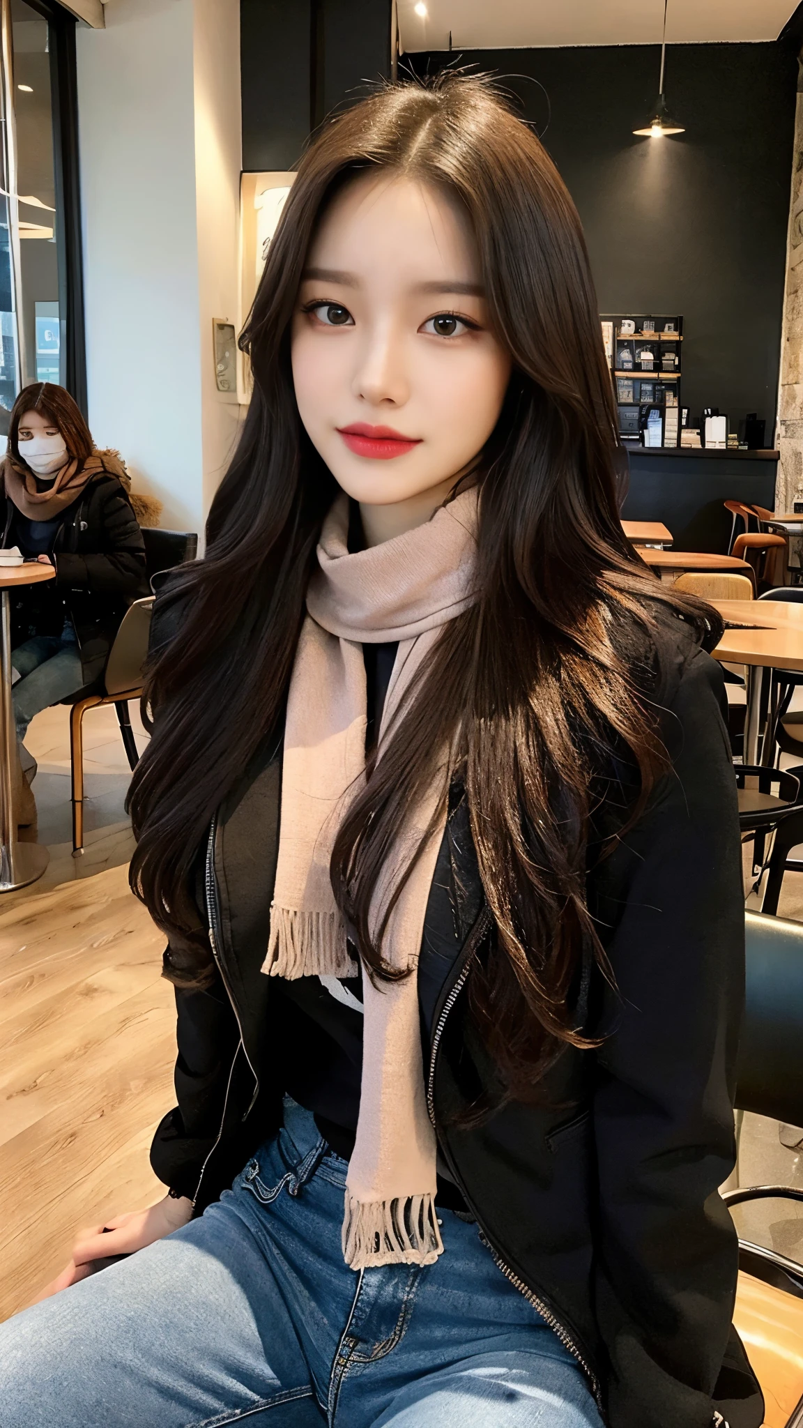 (realistic, high resolution:1.2), 1 girl, really nice face and eyes, long hair, black jacket and scarf, short jeans, sit on the coffee chair, at a cafe, coffee on the table, big bust