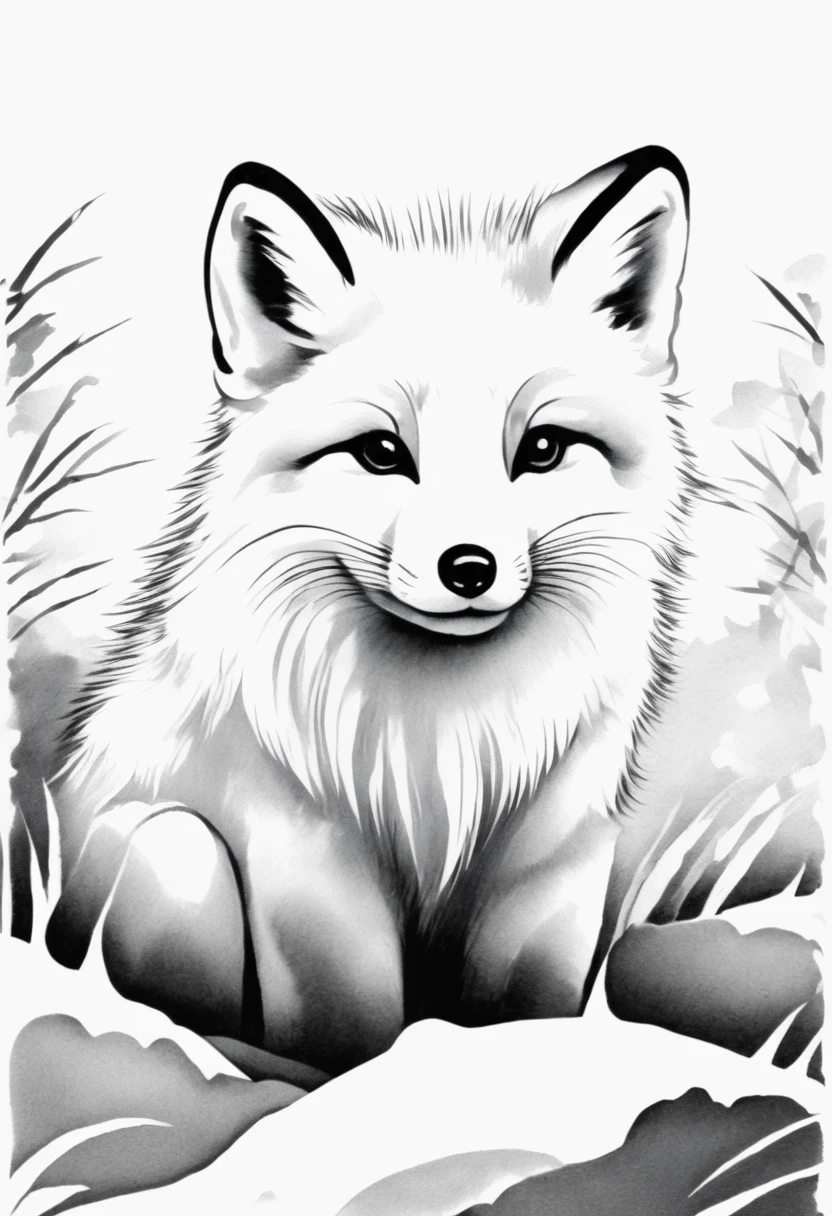 arctic fox，black and white painting，Outline with black ink，smooth lines，通过墨迹的浓淡对比展现arctic fox的表情和姿态，Simple background，Emphasis on light, shadow and space，lots of white space，Use thick and light inks to create light and dark changes and layers，Choose the right ink color，Such as deep black、thick gray、light coffee, ETC，express different situations and atmospheres，Control the gradient and transition of ink colors through the humidity and consistency of the ink，black and white tones， 中国传统ink painting, Chinese traditional art, ink painting, 中国ink painting, Chinese painting style