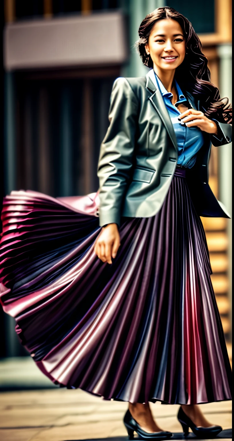 A smiling, authentic, (shy:1,3), kind, beautiful woman, is passionately in love with her skirt, sitting down on the gound while wind lifts her skirt, wearing short blazer and very very detailed (long (fully pleated) full circle skirt) and (low heeled court shoes), very very intricate hyper-detailed symmetric (attractive graceful young feminine face) with (sad, tired eyes and a loving smile), large breasts, full of empathy and compassion and love, (pronounced (feminine) features), (highly detailed ultra accurate realistic) hands and fingers, (windy), epic composition, highly detailed attributes, (35mm f1.4 Kodak portra 400 photograph), extremely high quality RAW photograph, highly detailed atmosphere, sci-fi, cinematic shot, dynamic lighting, 75mm, Technicolor, Panavision, cinemascope, sharp focus, fine details, 8k, HDR, realism, realistic, key visual, film still, superb cinematic color grading, depth of field