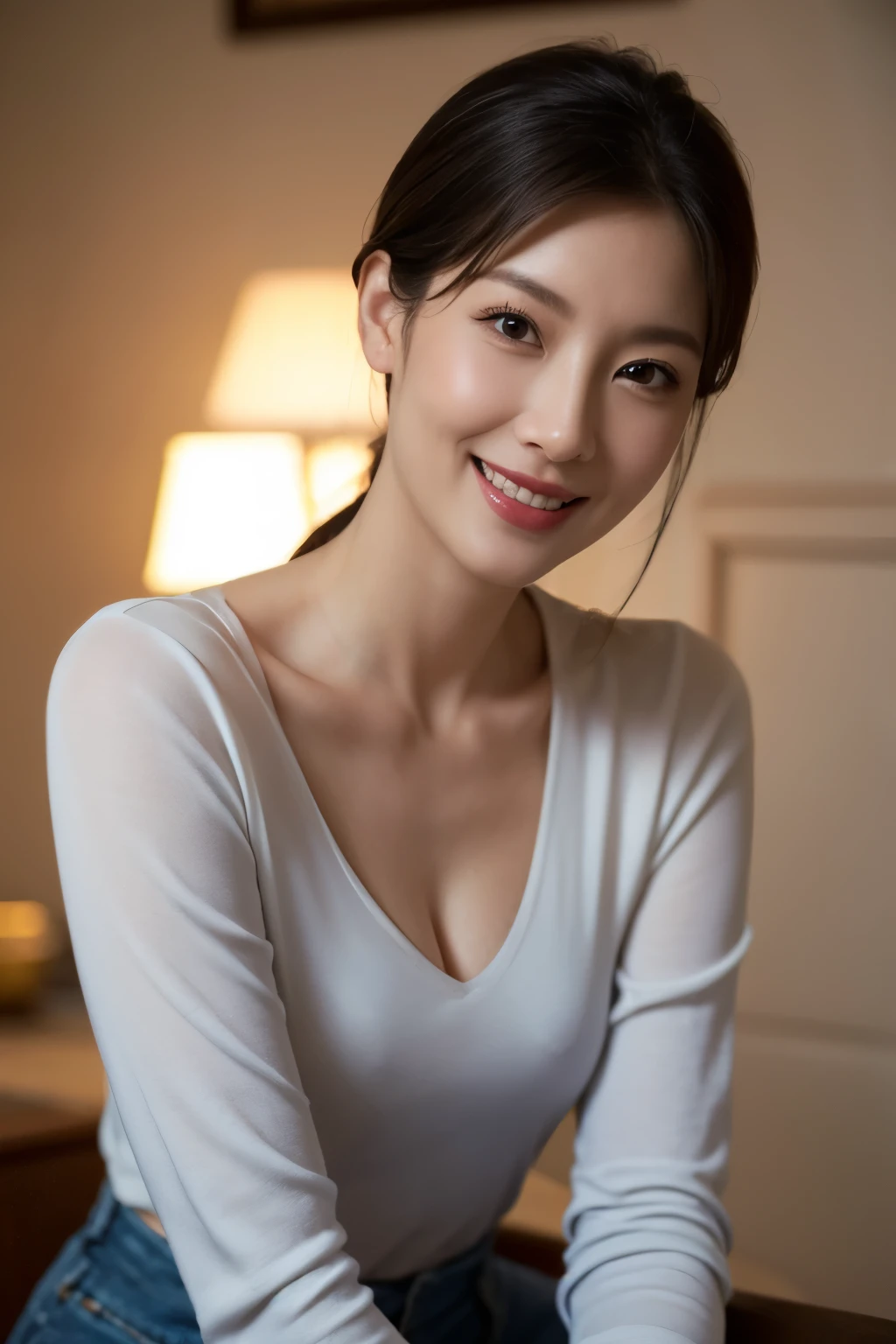 highest quality, masterpiece, High resolution, Photoreal, Raw photo, 8k wallpaper, Flawless, professional lighting, very detailed, Depth of the bounds written, ((one beautiful woman)), 48 years old, sexy woman, mature woman, Japanese, Upper body, ((look into the viewer&#39;s eyes)), detailed face, beautiful eyes, ((facing the front)), small bust, cleavage, straight hair, cowboy shot, wrinkled face, grin and laugh, sloppy body