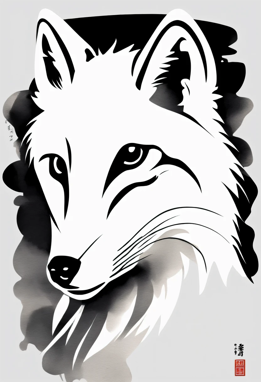 arctic fox，black and white painting，Outline with black ink，smooth lines，通过墨迹的浓淡对比展现arctic fox的表情和姿态，Simple background，Emphasis on light, shadow and space，lots of white space，Use thick and light inks to create light and dark changes and layers，Choose the right ink color，Such as deep black、thick gray、light coffee, ETC，express different situations and atmospheres，Control the gradient and transition of ink colors through the humidity and consistency of the ink，black and white tones， 中国传统ink painting, Chinese traditional art, ink painting, 中国ink painting, Chinese painting style