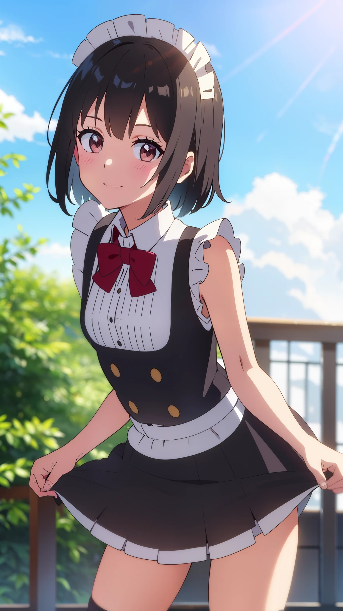 shinkai makoto, kimi no na wa., 1girl, bangs, black hair, short hair, blush, brown eyes, looking at the viewer, ((girl wear maid dress, short dress, short skirt, maid headdress)), Off-the-shoulders, red bow, red ribbon, smile, cute, school backpack, happy, fun, joyful, school, outdoors, sky, cloud, sunlight