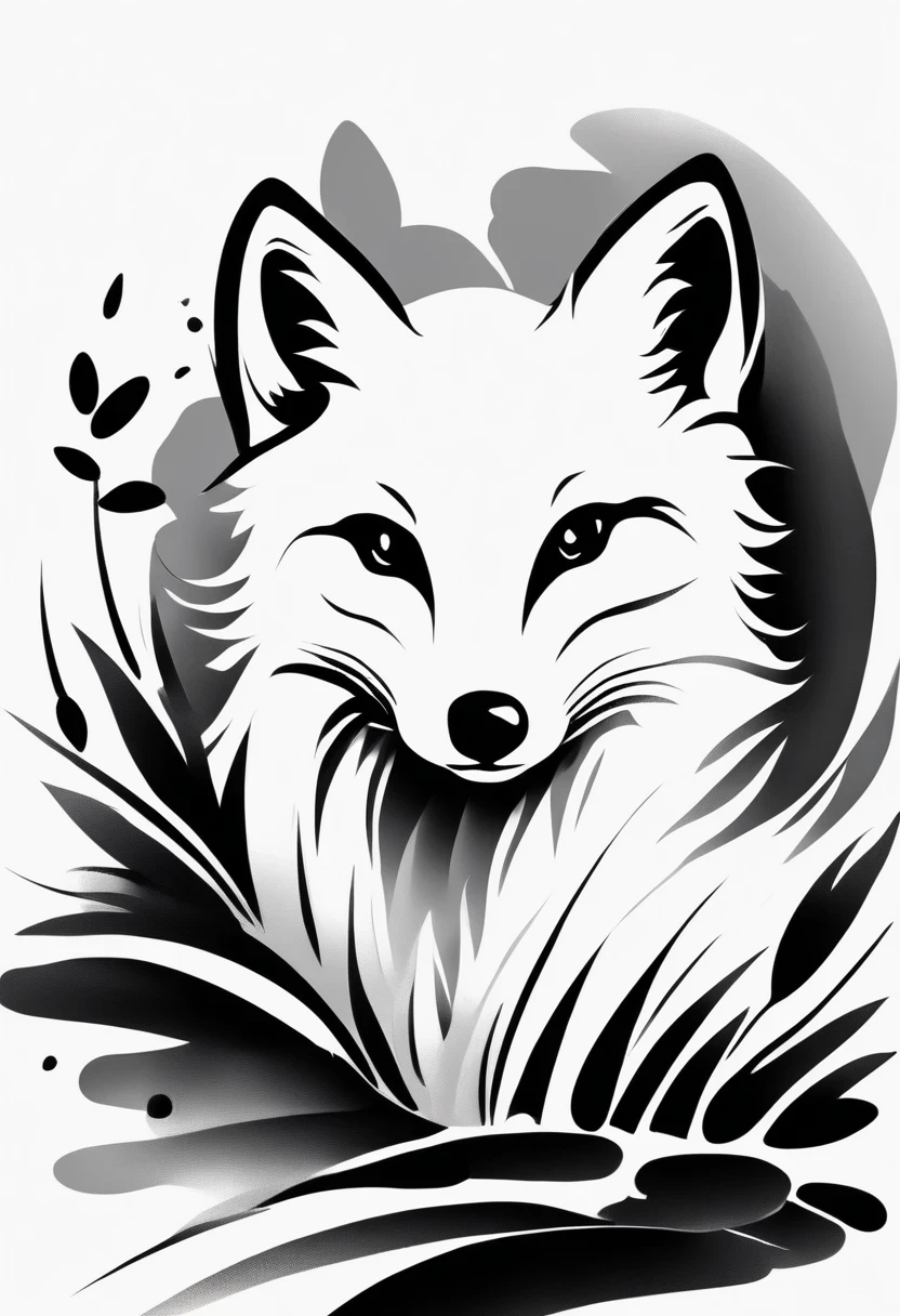 arctic fox，black and white painting，Outline with black ink，smooth lines，通过墨迹的浓淡对比展现arctic fox的表情和姿态，Simple background，Emphasis on light, shadow and space，lots of white space，Use thick and light inks to create light and dark changes and layers，Choose the right ink color，Such as deep black、thick gray、light coffee, ETC，express different situations and atmospheres，Control the gradient and transition of ink colors through the humidity and consistency of the ink，black and white tones， 中国传统ink painting, Chinese traditional art, ink painting, 中国ink painting, Chinese painting style