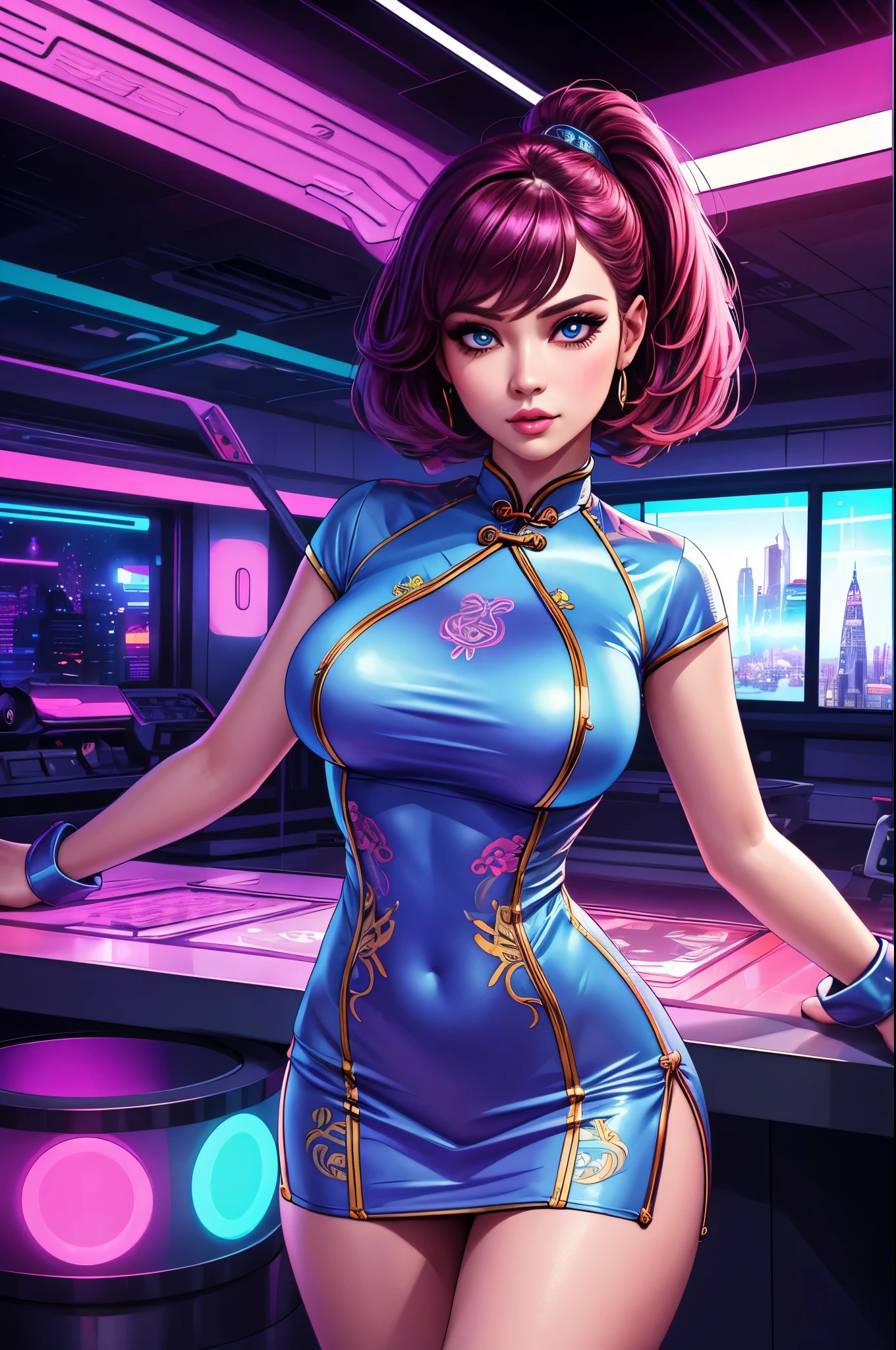 A digital girl, partly hologram, wearing a saxy Cheongsam dress, surrounded by vibrant colors and neon lights. Lit by soft studio lighting, the image captures the essence of futuristic technology blended with traditional fashion. The girl has flawless, detailed features, with beautiful, detailed eyes and lips. Her expression is confident and alluring, adding to her mysterious charm.
The hologram effect is rendered using ultra-high resolution techniques, resulting in a realistic and photorealistic appearance. The details are incredibly sharp, enabling viewers to appreciate every intricate line and texture. The Cheongsam dress she wears is exquisitely designed, with intricate patterns and vibrant colors that accentuate her figure.
The background features a bustling cityscape, with tall skyscrapers and futuristic architecture. The colors are vivid and dynamic, incorporating a mix of vibrant blues, purples, pinks, and neon lights. The scene is bathed in a warm, futuristic light, creating a unique atmosphere and emphasizing the digital nature of the girl.
The art style combines elements of both illustration and photography, resulting in a captivating mix of realism and artistic interpretation. The overall color tone is futuristic and vibrant, with a touch of retro aesthetics. It evokes a sense of energy and excitement, making the image visually compelling and striking.
The prompt encapsulates the essence of a digital girl immersed in a futuristic world, where technology and fashion blend seamlessly. It promises a high-quality and visually stunning image that captures the imagination and leaves a lasting impression.