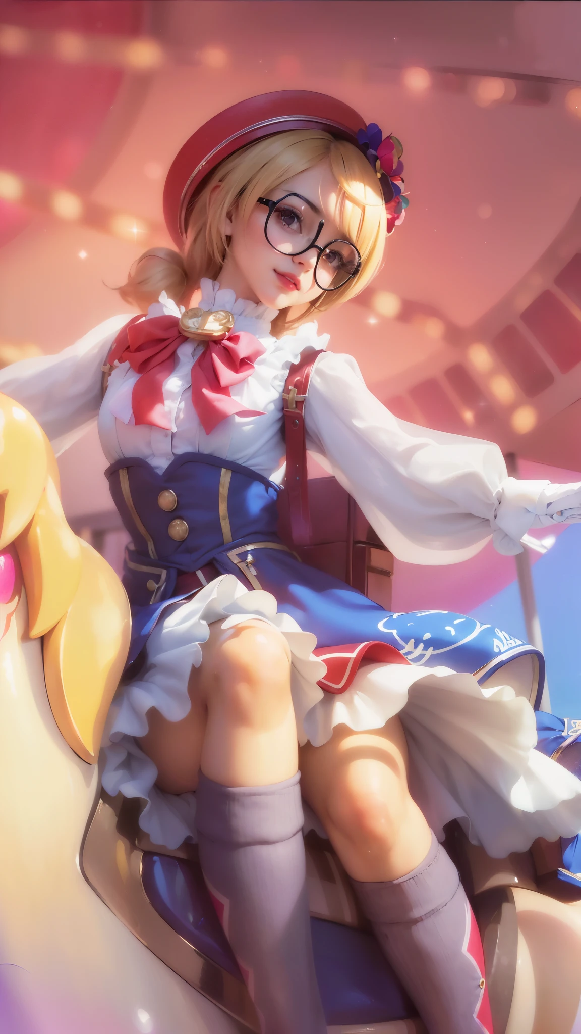 (8k, RAW photo, photorealistic:1.25) ,( lipgloss, eyelashes, gloss-face, glossy skin, best quality, ultra highres, depth of field, chromatic aberration, caustics, Broad lighting, natural shading,) looking at viewer with a serene and goddess-like happiness, round glasses