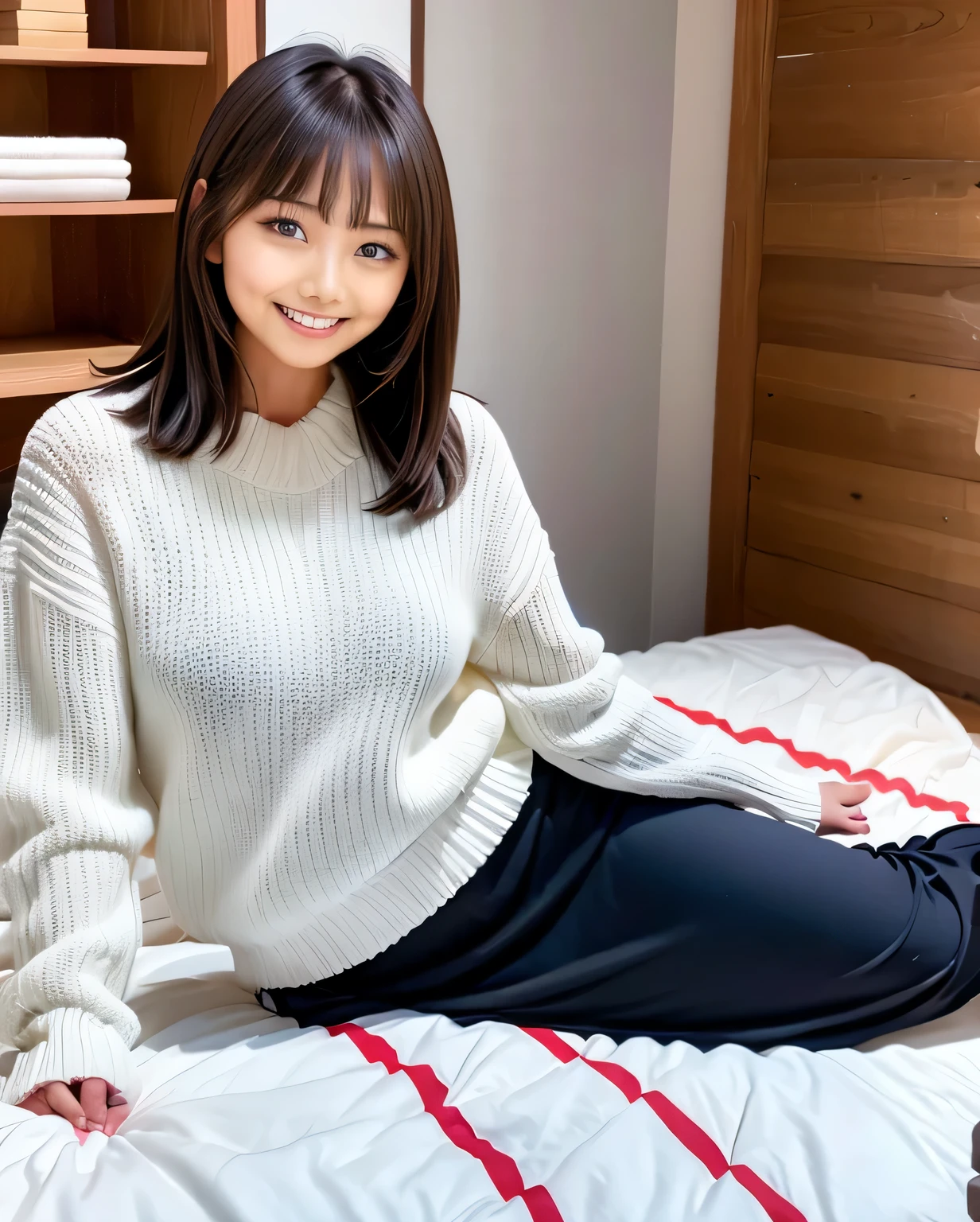 Araffe woman sitting on a bed in a white sweater - SeaArt AI