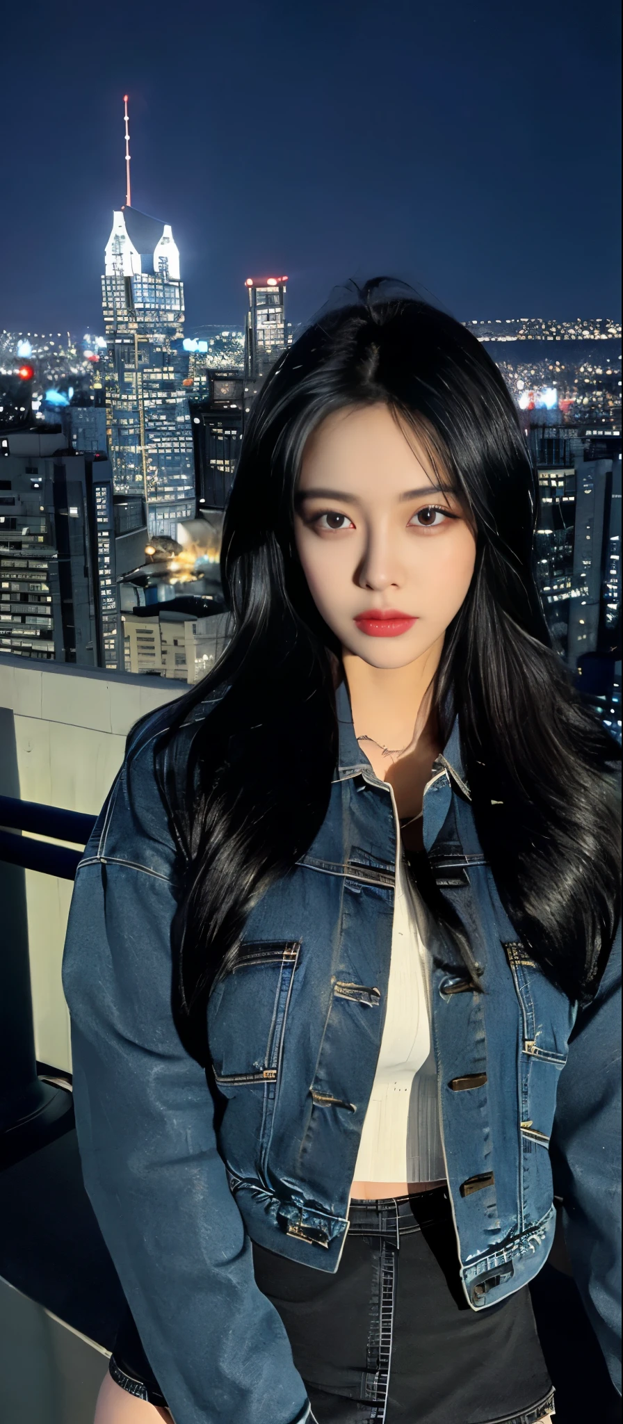 ((midnight, best quality, 8 thousand, masterpiece :1.3)), (enlargement), sharp focus, pretty girl with perfect body, ((black hair, )), (denim jacket, short skirt, standing), ((night city view, rooftop)), Highly detailed face and skin textures, detailed eyes, double eyelid,