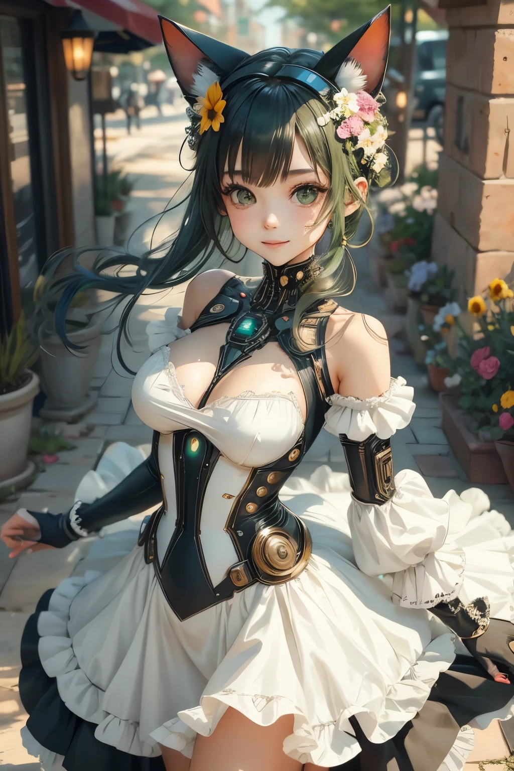 Beautiful woman with green eyes and black and green hair smiling, fully clothed in a spring dress, cybernetic cat ears, cyber, blooming spring flowers in the background, flying petals, dynamic pose, happy