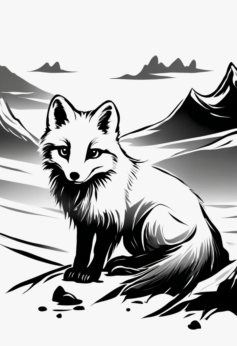 arctic fox，black and white painting，Outline with black ink，smooth lines，通过墨迹的浓淡对比展现arctic fox的表情和姿态，Simple background，Emphasis on light, shadow and space，lots of white space，Use thick and light inks to create light and dark changes and layers，Choose the right ink color，Such as deep black、thick gray、light coffee, ETC，express different situations and atmospheres，Control the gradient and transition of ink colors through the humidity and consistency of the ink，black and white tones， 中国传统ink painting, Chinese traditional art, ink painting, 中国ink painting, Chinese painting style
