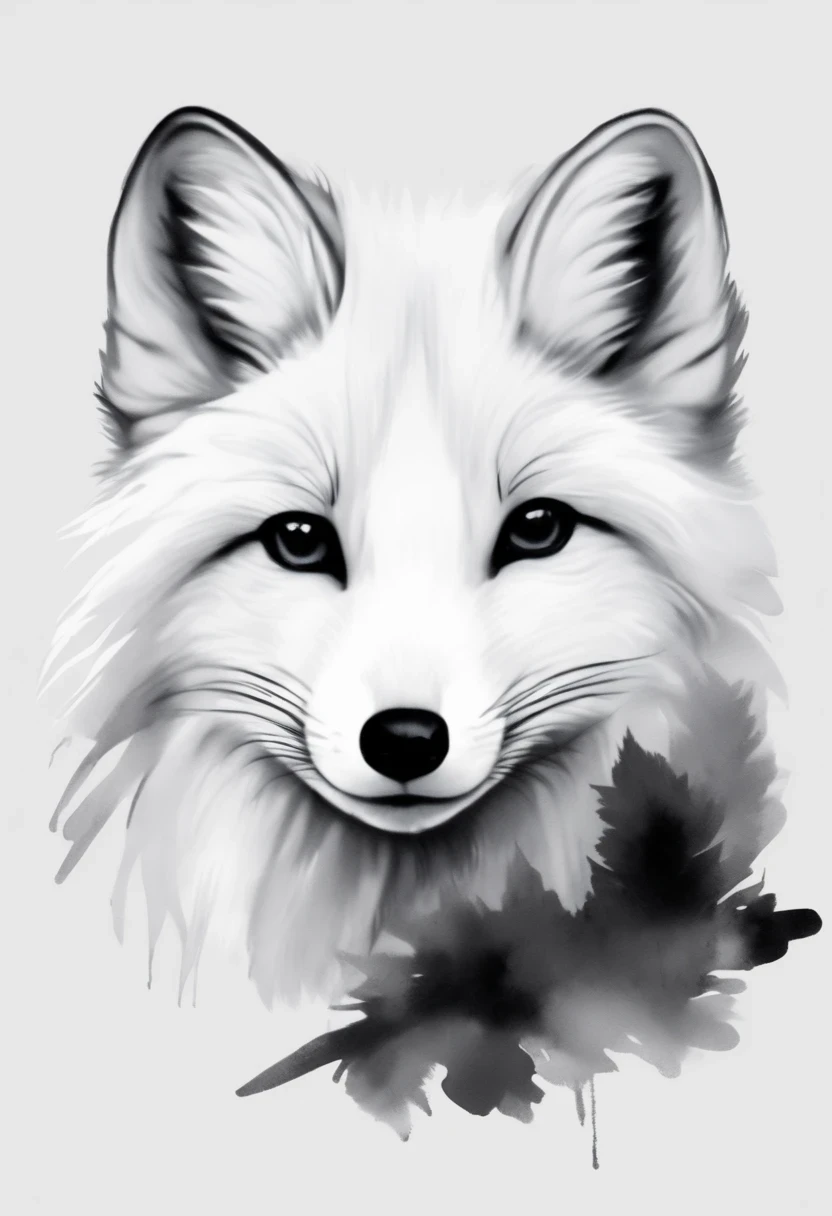 arctic fox，black and white painting，Outline with black ink，smooth lines，通过墨迹的浓淡对比展现arctic fox的表情和姿态，Simple background，Emphasis on light, shadow and space，lots of white space，Use thick and light inks to create light and dark changes and layers，Choose the right ink color，Such as deep black、thick gray、light coffee, ETC，express different situations and atmospheres，Control the gradient and transition of ink colors through the humidity and consistency of the ink，black and white tones， 中国传统ink painting, Chinese traditional art, ink painting, 中国ink painting, Chinese painting style