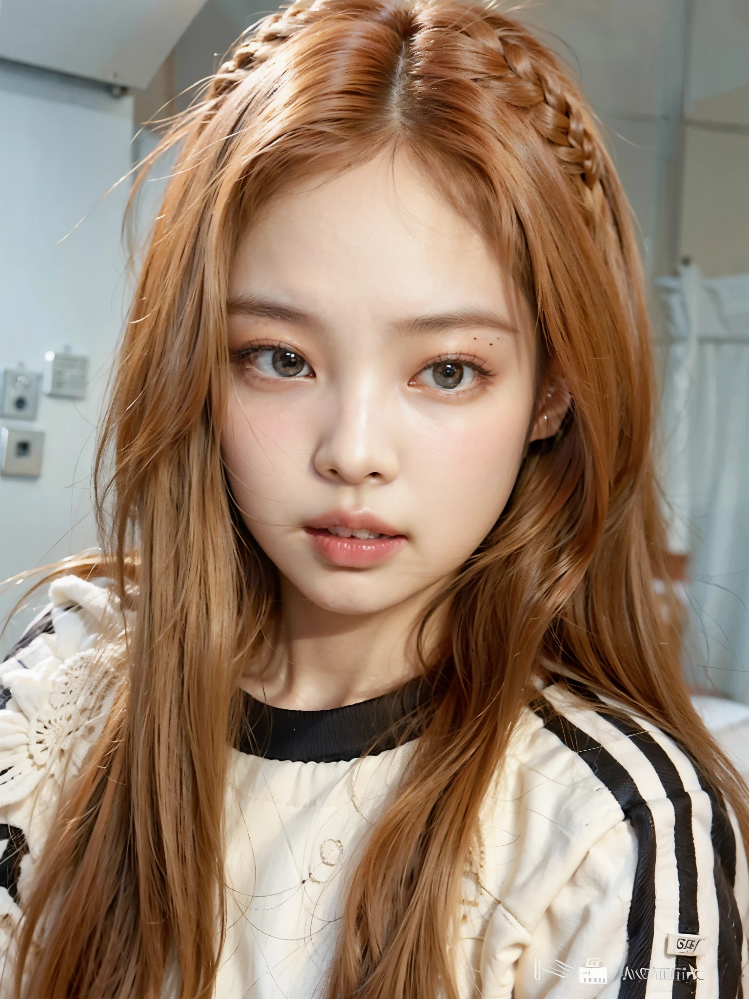 um close up de uma mulher com longos cabelos ruivos e uma camisa branca, parque roseanne de blackpink, jossi do blackpink, portrait of jossi do blackpink, ela tem cabelo longo redoranjado, maquiagem sul-coreana popular, maquiagem coreana popular,  coreana, lalisa manobal, jennie blackpink, Lalisa Manoban do Blackpink, linda mulher sul-coreana