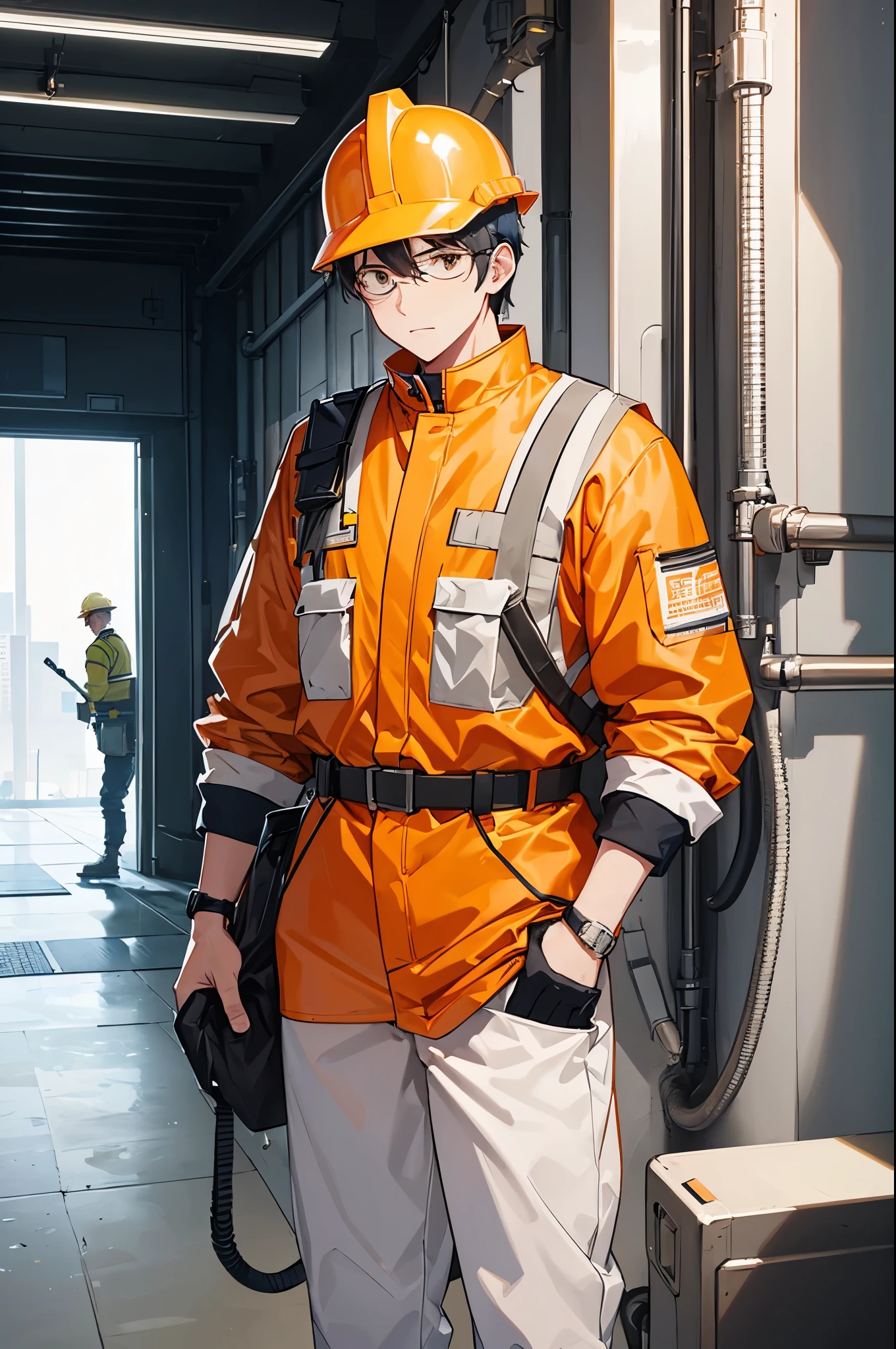 a man in safety vests is suspended from a crane, worksafe. illustration, safe for work, worksafe. instagram photo, worksafe. cgsociety, worksafe.cgsociety, (sfw) safe for work, worksafe, worksafe. dramatic, funny illustration, print ready, illustartion, safebooru, promo image, 1men wearing white safety helmet and orange wearpack uniform, boiler, package boiler, focus showing the workers, safety body harness, safety googles, white safety helmet, orange wearpack worker