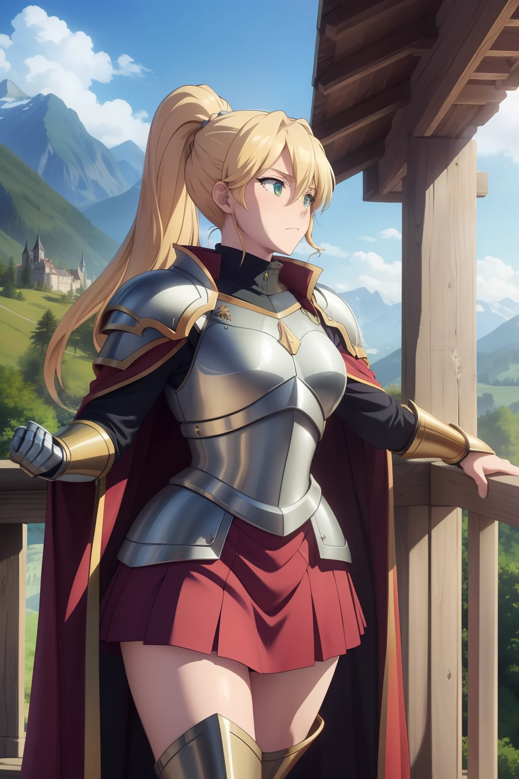 (top-quality, in 8K, 32K, masterpiece, A high resolution, Impressionism, Photorealsitic:1.2, anime style), 1girl, alicetaria,blonde hair, long hair, ponytail, green eyes, armor, greaves, cape, gauntlets, pleated skirt, shoulder armor, pauldron, solo, medieval castle, on balcony, switzerland mountains background 