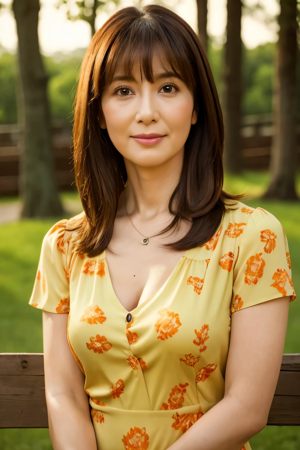 highest quality, masterpiece, High resolution, Photoreal, Raw photo, 8k wallpaper, Flawless, professional lighting, very detailed, Depth of the bounds written, ((one beautiful woman)), 40 years old, sexy woman, ((Gorgeous green and orange printed dress)), Upper body, ((look into the viewer's eyes)), detailed face, beautiful eyes, ((facing the front)), at the park, bangs, well-shaped chest, cleavage, light brown straight hair, faint lips, cowboy shot, ((arm between legs))