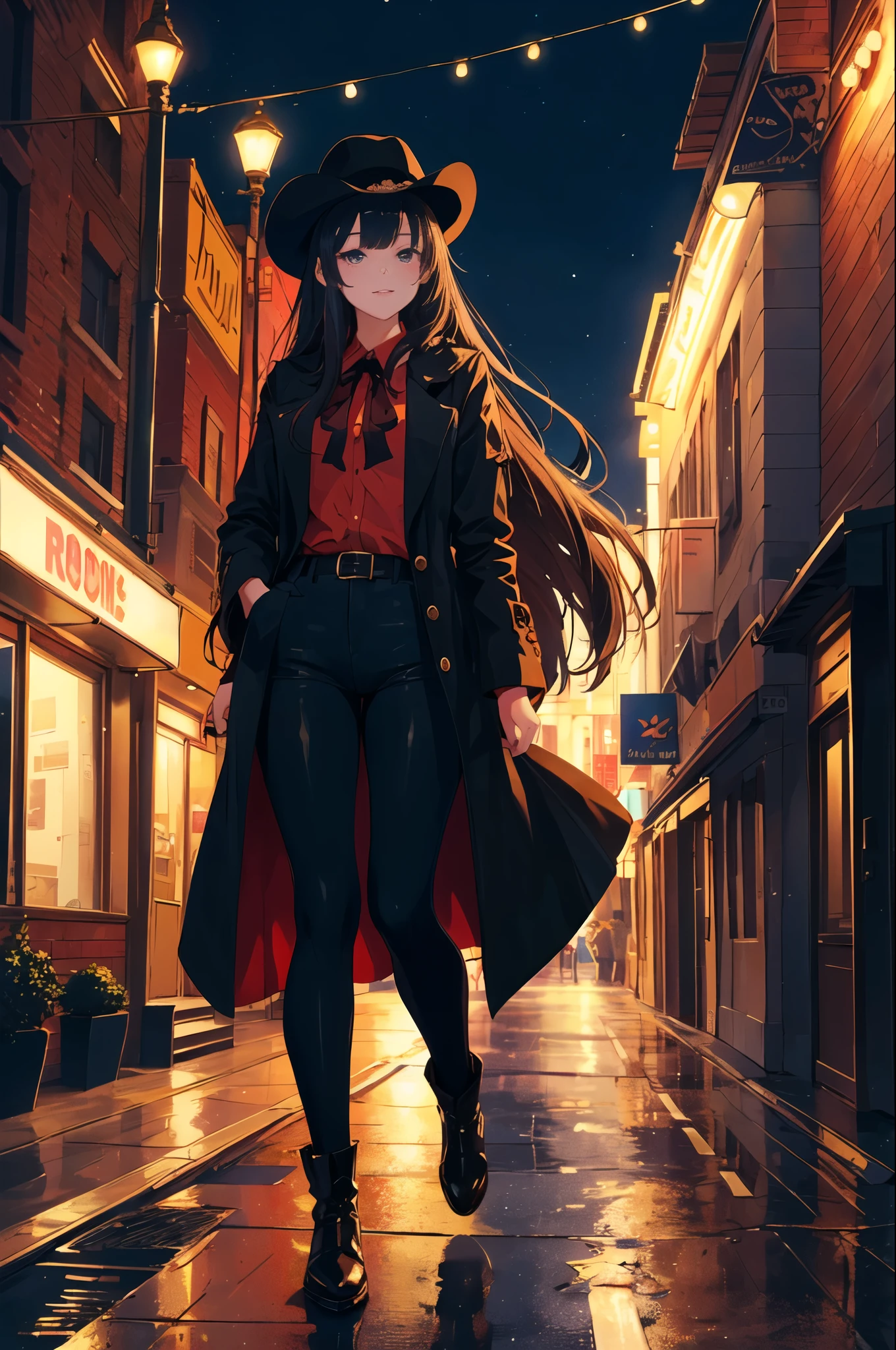 (masterpiece, ultra high resolution, highest quality:1.1), (flat color), 1 girl, alone, teen, cowboy shot, (Depth of the bounds written:1.2), (night), (long coat), downtown, (street light:1.1), (fantastic lighting), looking at the viewer, black hair, long hair, [smile], (closed mouth)