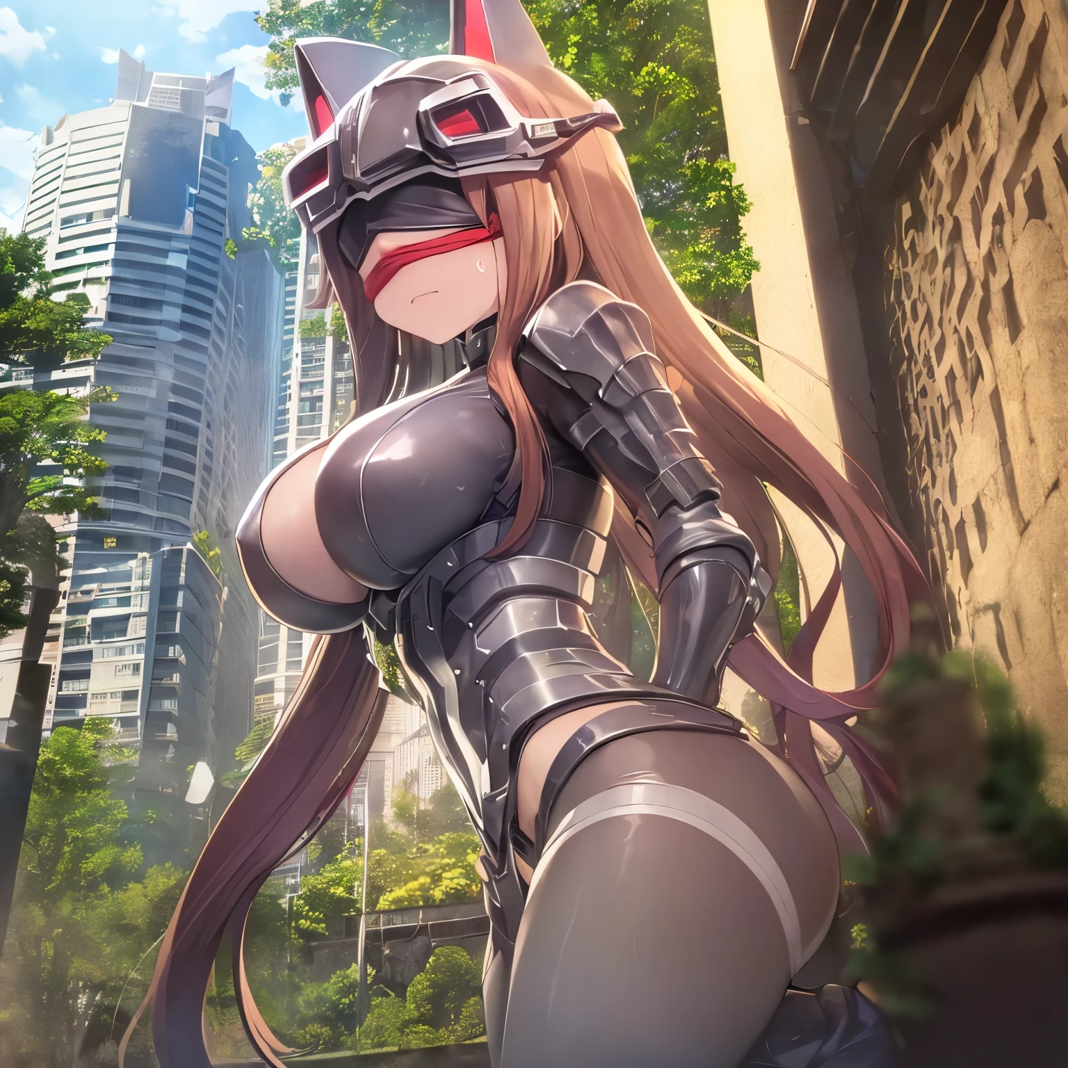 ((masterpiece、、Super delicate、high resolution)),female focus,perspective from below,woman wearing armor,armor,headgear:1.5,(long white hair:1.5、Angry expression、blush、sweat),(City ruins in background)