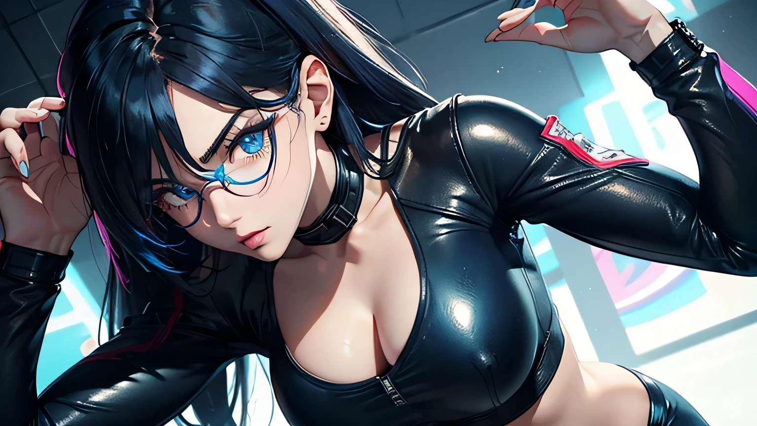 4K, A high resolution, Best quality at best, masterpiece, perfect colors, perfect shadow, perfect litthing, ((sportrait)), 1woman, fit body, heterochromia eyes,face close up, dark blue hair , blue eyes, With round lenses, The audience watched carefully, (s face: 1.2), Perfect female figure, ((dynamic standing pose)), ((colorful Tight crop top, half breast, colorful leather suit)), ((shy and looking at viewert)), (Perfect thick white eyebrows) Delicate fur, 详细s face, s the perfect face, , (dynamic pose), cyberpunk abstract background, ((Bonifasko lighting)), (The round lenses on his eyes)(detailed eyes), Perfect student, ((face close up))
