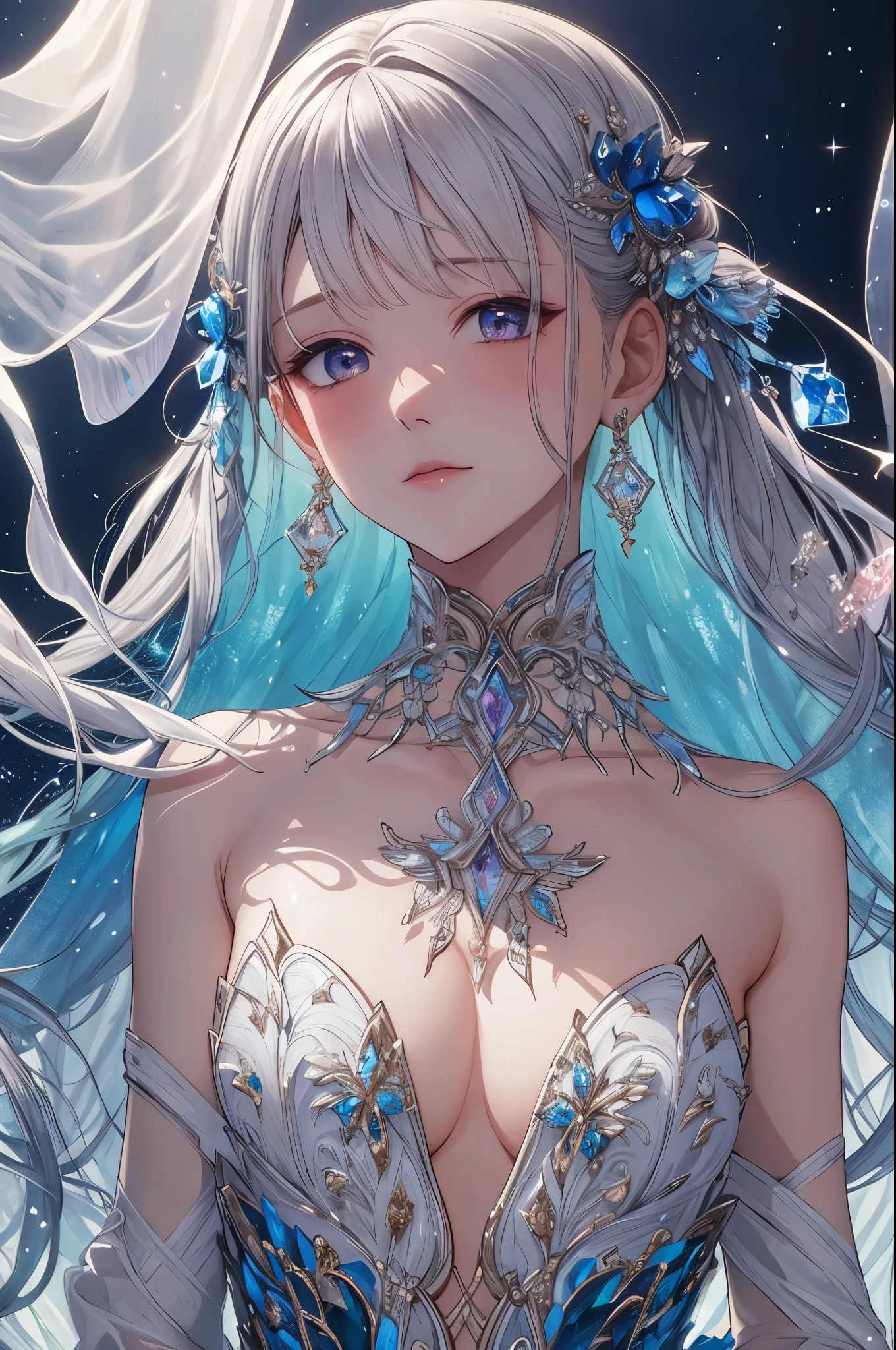 highest quality,amazing,very detailed,figure,cover,mysterious person,covered with translucent fabric,Crystals decorating hair,dreamy swirl,pastel colour,soft light,Evoking serene tranquility and elusive beauty,non-representative,Color and shape,expression of emotions,imaginative,very detaileded,