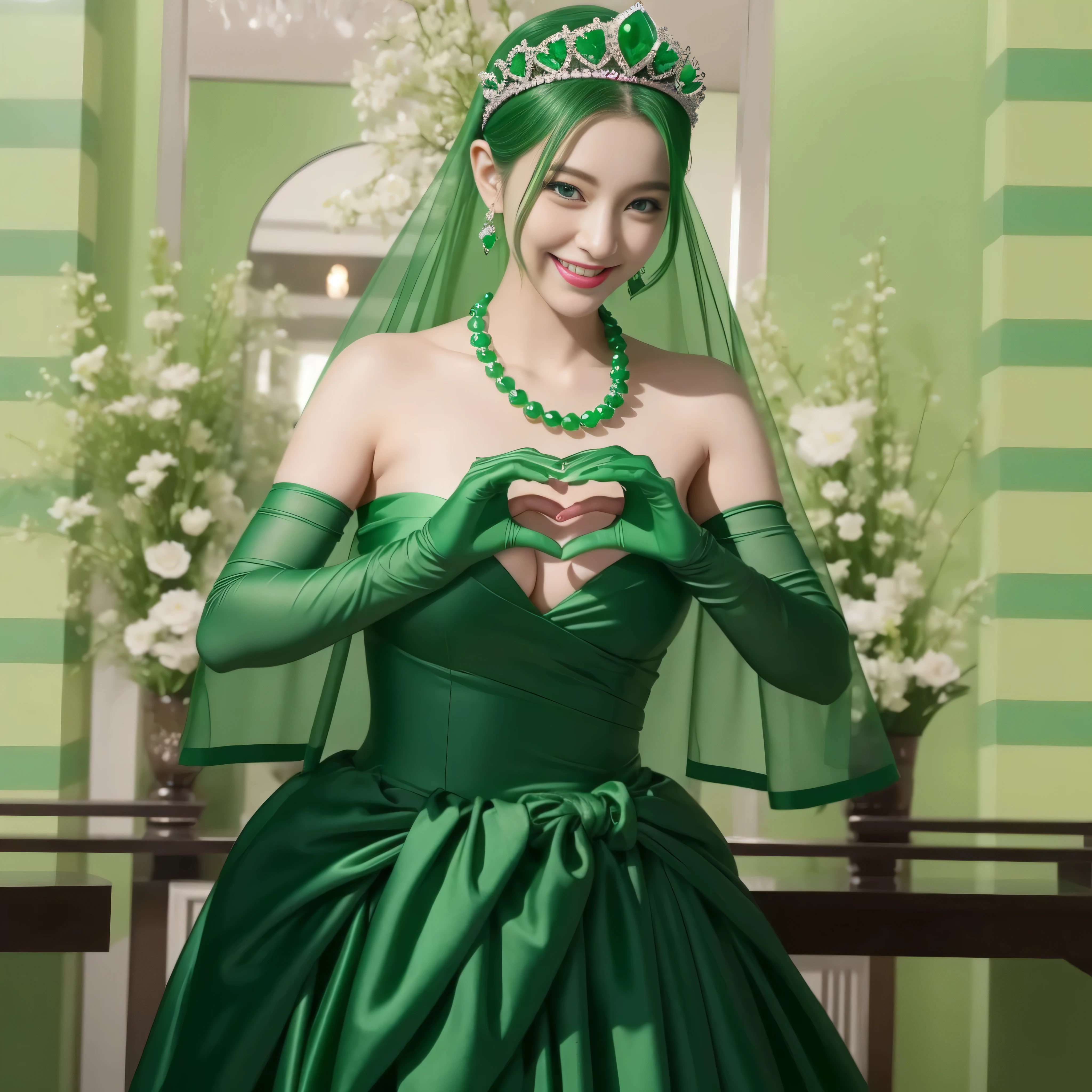 emerald tiara, Green Pearl Necklace, ボーイッシュな非常に短いgreen hair, lipstick, smiling Japanese woman, very short hair,  beauty of big breasts, green eyes, green satin long gloves, green eyes, emerald earrings, Green veil, Heart with both hands, green hair, beautiful japanese woman, heart shaped hands:1.3, green lip gloss