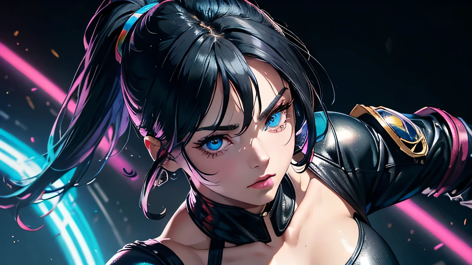 4K, A high resolution, Best quality at best, masterpiece, perfect colors, perfect shadow, perfect litthing, ((sportrait)), 1woman, fit body, heterochromia eyes，dark blue hair , blue eyes, With round lenses, The audience watched carefully, (s face: 1.2), Perfect female figure, ((dynamic pose)), ((gold and red Tight crop top gold and red leather suit)), ((shy and looking at viewert)), (Perfect thick white eyebrows) Delicate fur, 详细s face, s the perfect face,  , (dynamic pose), cyberpunk abstract background, ((Bonifasko lighting)), (The round lenses on his eyes)(detailed eyes), Perfect student, ((face close up))