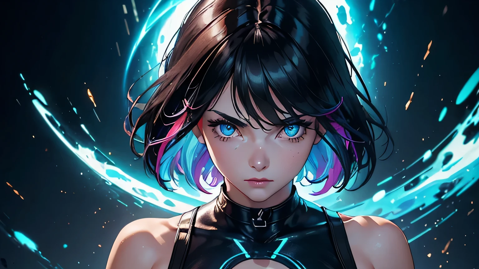 4K, A high resolution, Best quality at best, masterpiece, perfect colors, perfect shadow, perfect litthing, ((sportrait)), 1woman, fit body, heterochromia eyes,face close up, dark blue hair , blue eyes, With round lenses, The audience watched carefully, (s face: 1.2), Perfect female figure, ((dynamic standing pose)), ((rainbow colorful Tight crop top, half breast, colorful leather suit)), ((shy and looking at viewert)), (Perfect thick white eyebrows) Delicate fur, 详细s face, s the perfect face, , (dynamic pose), cyberpunk abstract background, ((Bonifasko lighting)), (The round lenses on his eyes)(detailed eyes), Perfect student, ((face close up))