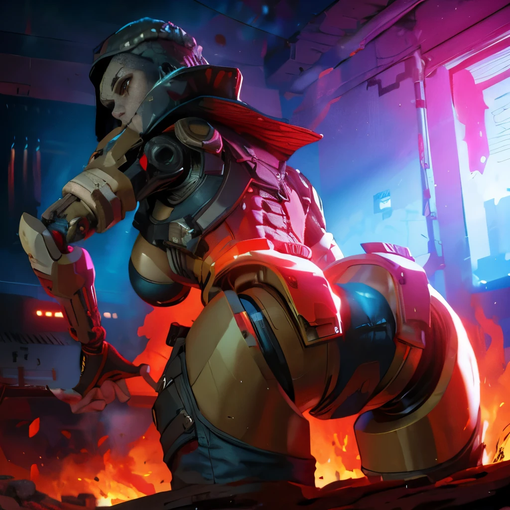 Ash,apex legends,CG rendering,high definition,highres,hdr,studio lighting,ultra-detailed,sharp focus,vivid colors,bokeh,dynamic action,male character,robot assassin,fiery red eyes,intense glare,metallic armor,exoskeleton,smoke and flames,red glowing embers,molten lava backdrop,dystopian future setting,sci-fi concept art,heroic pose,in mid-air,weapon in hand,foreboding atmosphere, beautiful buttocks, large breasts, butt