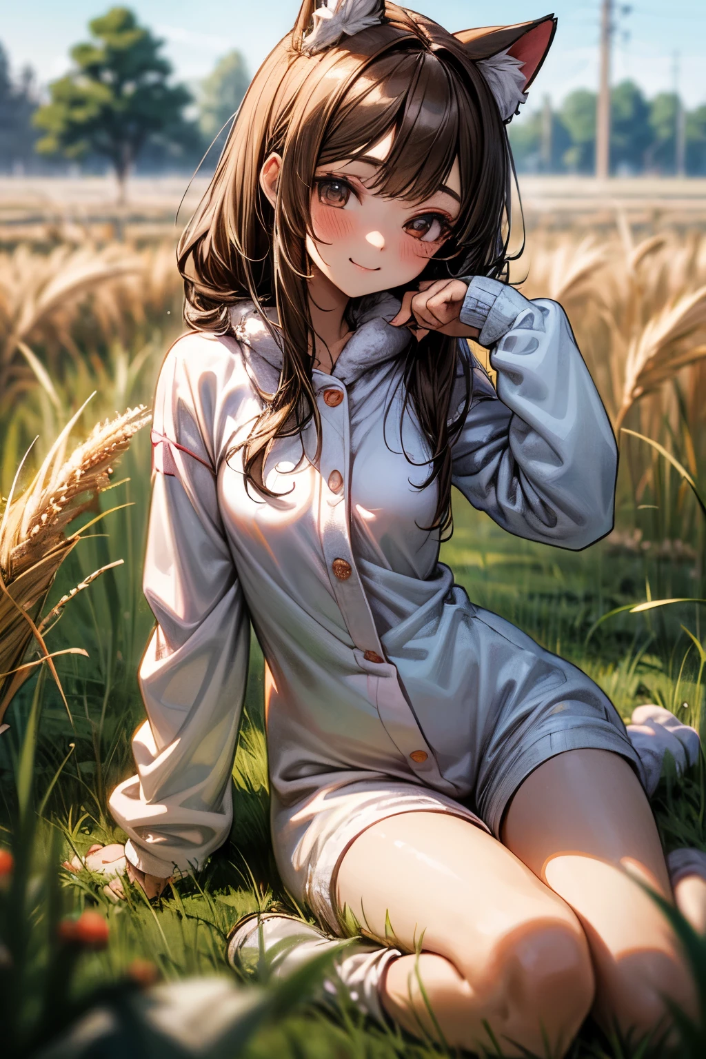 ((Masterpiece)), (Anime:1.3), ((best quality)), (RAW photo:1.2), (High Definition:1.3), (Professional Photography:1.2), (mist effect:1.3), (()), cute teenage girlnematic lighting, BREAK, unruly hair, (innocent smile:1.3), blush, cat ears, pale brown hair, Cute Beautiful girl, (Red makeup), BREAK, (fluffy onesie:1.4), Slender body, small breasts, barefoot, Textured skin, BREAK, (High Definition), (cute posing on the rye field), the Morning sun, Crepuscular Rays, field of rye with many fruits,