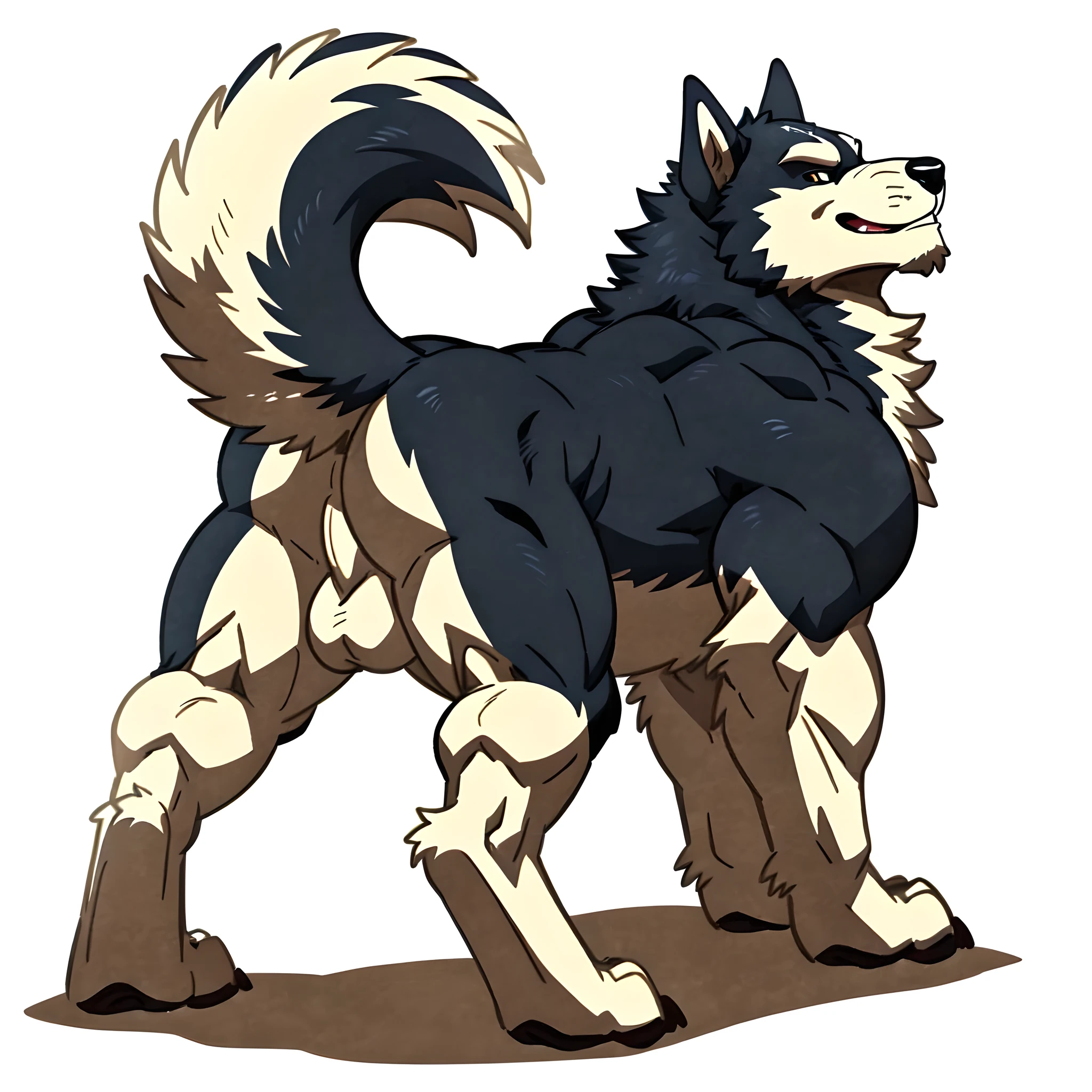 husky, very masculine, male, feral husky, quadruped, feral, very muscular:2.0, well defined muscles:1.5, very muscular forelegs, very muscular hindlegs, by rossciaco, by wfa, white background, cel shading, back view:1.5, balls