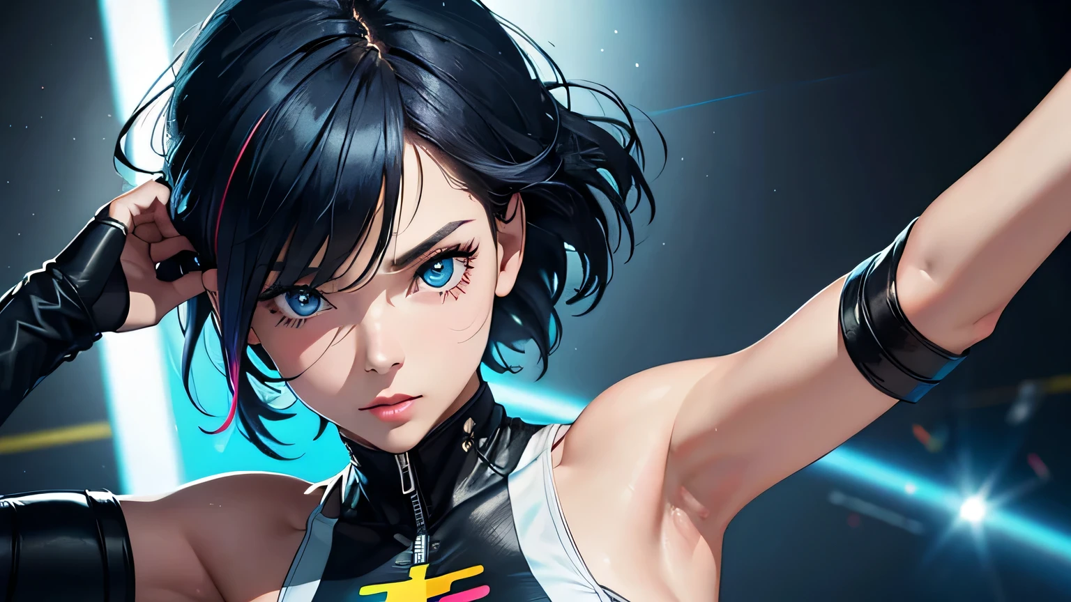 4K, A high resolution, Best quality at best, masterpiece, perfect colors, perfect shadow, perfect litthing, ((sportrait)), 1woman, fit body, heterochromia eyes,face close up, dark blue hair , blue eyes, With round lenses, The audience watched carefully, (s face: 1.2), Perfect female figure, ((dynamic standing pose)), ((rainbow colorful Tight crop top, half breast, colorful leather suit)), ((shy and looking at viewert)), (Perfect thick white eyebrows) Delicate fur, 详细s face, s the perfect face, , (dynamic pose), cyberpunk abstract background, ((Bonifasko lighting)), (The round lenses on his eyes)(detailed eyes), Perfect student, ((face close up))