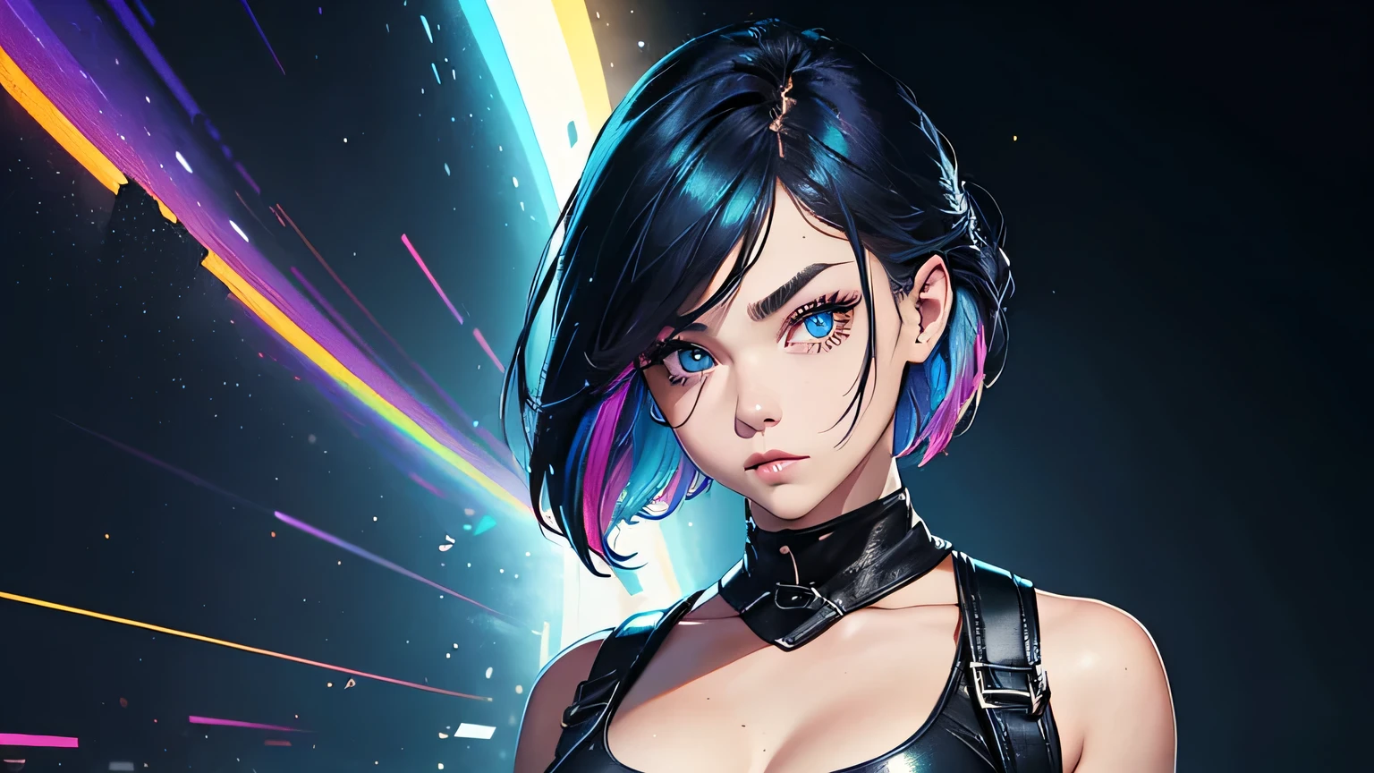 4K, A high resolution, Best quality at best, masterpiece, perfect colors, perfect shadow, perfect litthing, ((sportrait)), 1woman, fit body, heterochromia eyes,face close up, dark blue hair , blue eyes, With round lenses, The audience watched carefully, (s face: 1.2), Perfect female figure, ((dynamic standing pose)), ((rainbow colorful Tight crop top, half breast, colorful leather suit)), ((shy and looking at viewert)), (Perfect thick white eyebrows) Delicate fur, 详细s face, s the perfect face, , (dynamic pose), cyberpunk abstract background, ((Bonifasko lighting)), (The round lenses on his eyes)(detailed eyes), Perfect student, ((face close up))