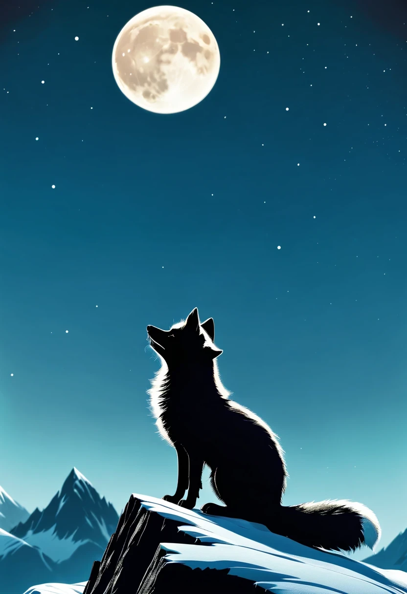 Arctic fox on top of mountain,look up at the moon,Dream,contour,minimalist,Gothic