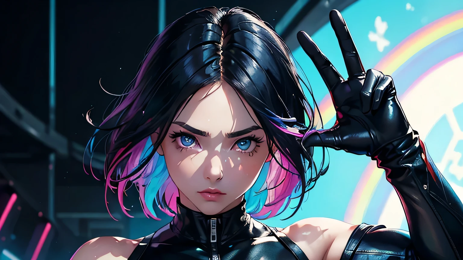 4K, A high resolution, Best quality at best, masterpiece, perfect colors, perfect shadow, perfect litthing, ((sportrait)), 1woman, fit body, heterochromia eyes,face close up, dark blue hair , blue eyes, With round lenses, The audience watched carefully, (s face: 1.2), Perfect female figure, ((dynamic standing pose)), ((rainbow colorful Tight crop top, half breast, colorful leather suit)), ((shy and looking at viewert)), (Perfect thick white eyebrows) Delicate fur, 详细s face, s the perfect face, , (dynamic pose), cyberpunk abstract background, ((Bonifasko lighting)), (The round lenses on his eyes)(detailed eyes), Perfect student, ((face close up))
