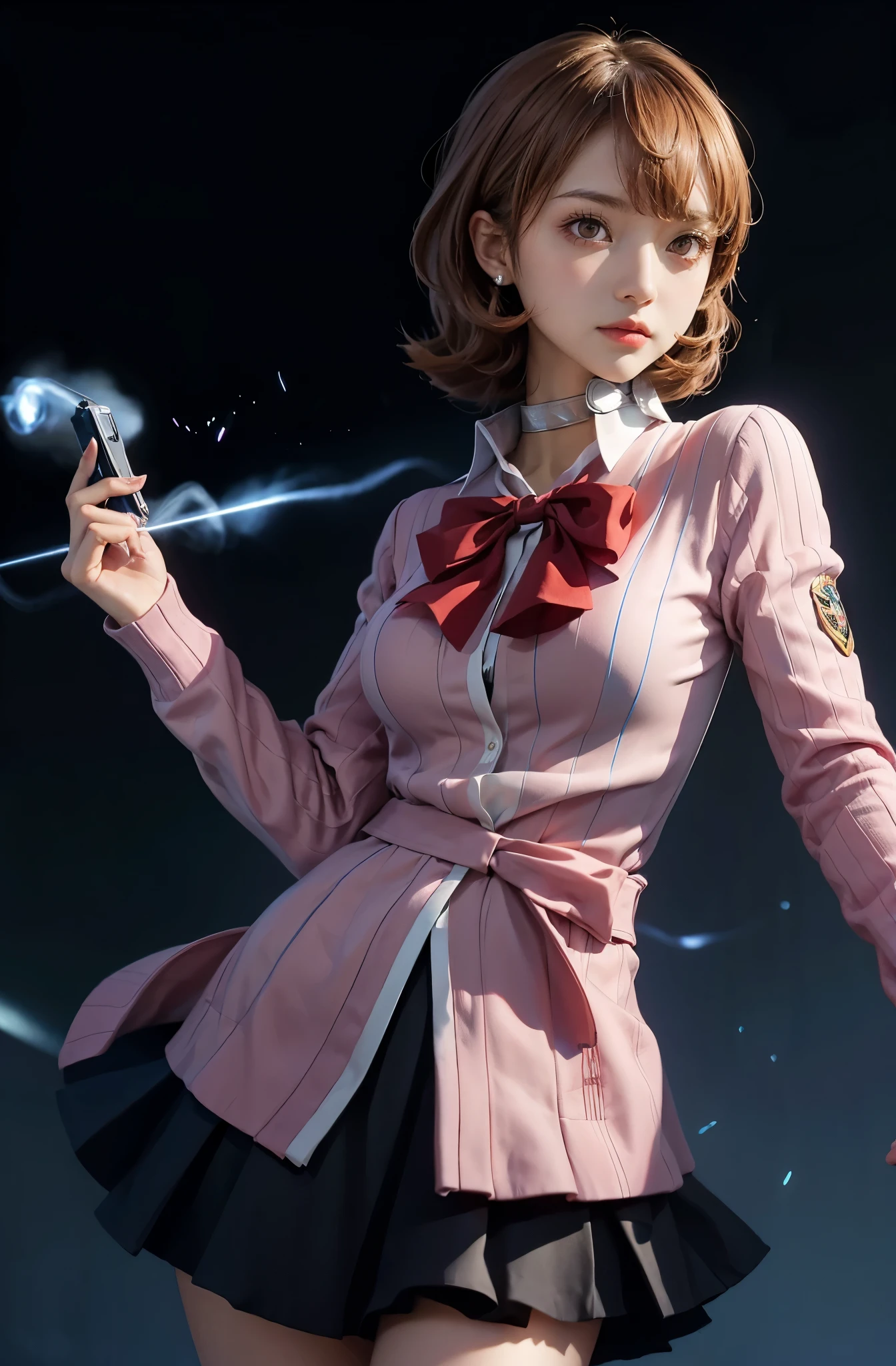 high res, highly detail, masterpiece, best quality, 1 girl, yukari, left hand up holding a gun, face close up, school uniform, cardigan, bow, skirt, choker, earrings, looking at viewer, dark background with surrounding glowing blue aura, with blue cards falling