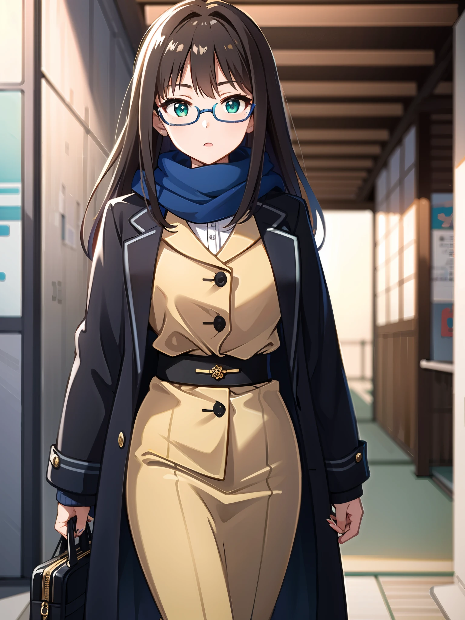 RIN SHIBUYA、1 girl, mature woman, green eyes、black long hair、A woman wearing a long coat and posing in a Japanese town in the middle of winter、she wears a navy scarf around her neck、woman wearing glasses、thin frame glasses、large round lens glasses、thin gold glasses frames、long coat over blue sweater