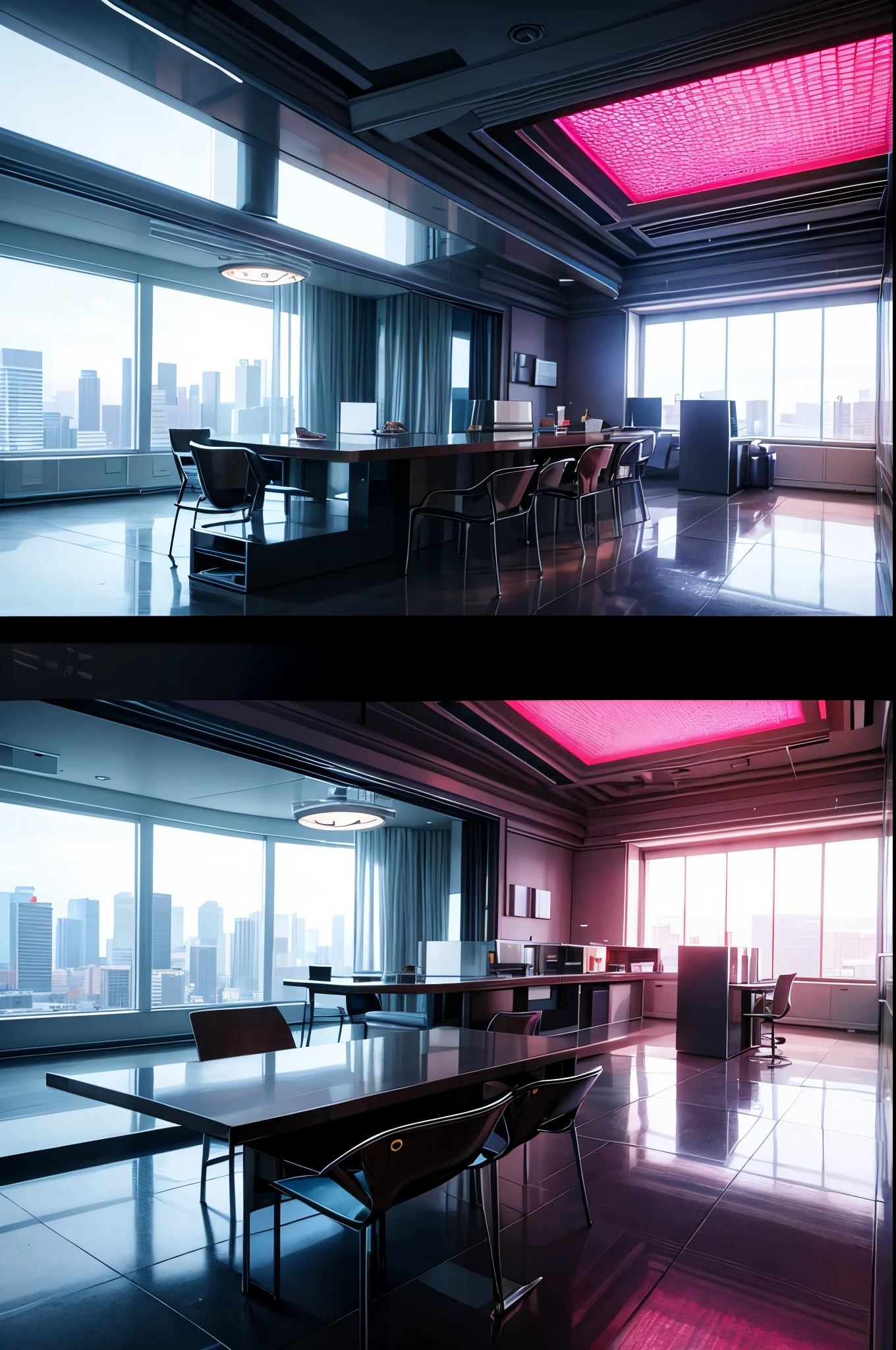 A beautiful girl lies in slumber within a futuristic abode, crafted from lightweight super metal alloys and adorned with high-resolution holographic graphics on its walls. The room's crystalline tube glass facade is bulletproof, offering breathtaking panoramic views of the surrounding metropolis.
Equipped with modern conveniences such as an air conditioner, bathroom, kitchen, TV room, mini bar, and dining area, the minimalist and sleek interior design exudes a distinctly futuristic ambiance, enhanced by the incorporation of high-quality furniture.
Adjustable LED lights bathe the room, casting an ethereal glow as