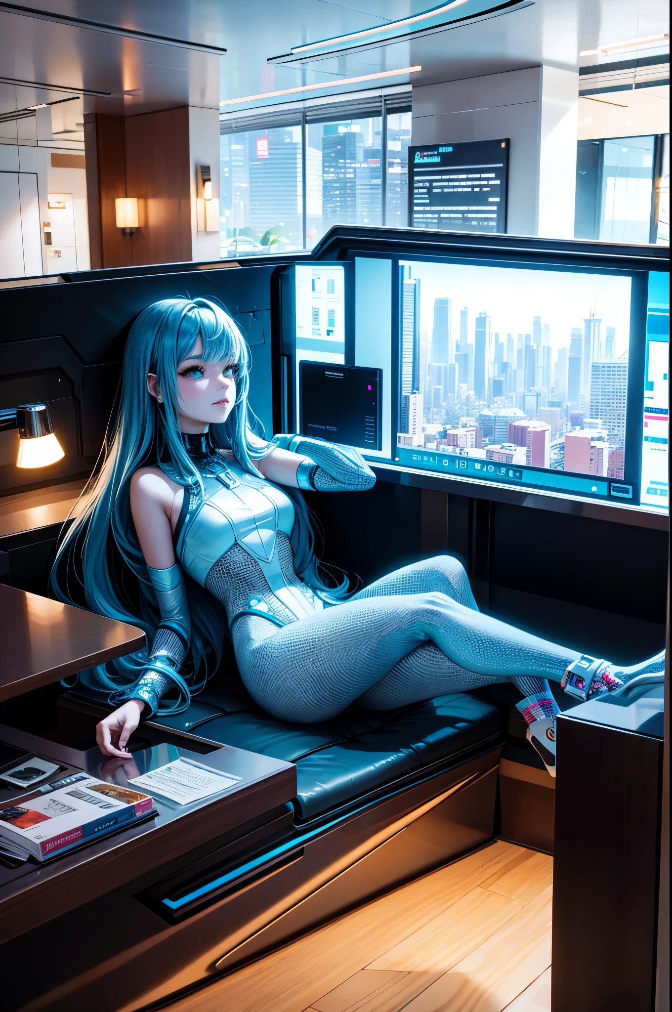 A beautiful girl lies in slumber within a futuristic abode, crafted from lightweight super metal alloys and adorned with high-resolution holographic graphics on its walls. The room's crystalline tube glass facade is bulletproof, offering breathtaking panoramic views of the surrounding metropolis.
Equipped with modern conveniences such as an air conditioner, bathroom, kitchen, TV room, mini bar, and dining area, the minimalist and sleek interior design exudes a distinctly futuristic ambiance, enhanced by the incorporation of high-quality furniture.
Adjustable LED lights bathe the room, casting an ethereal glow as