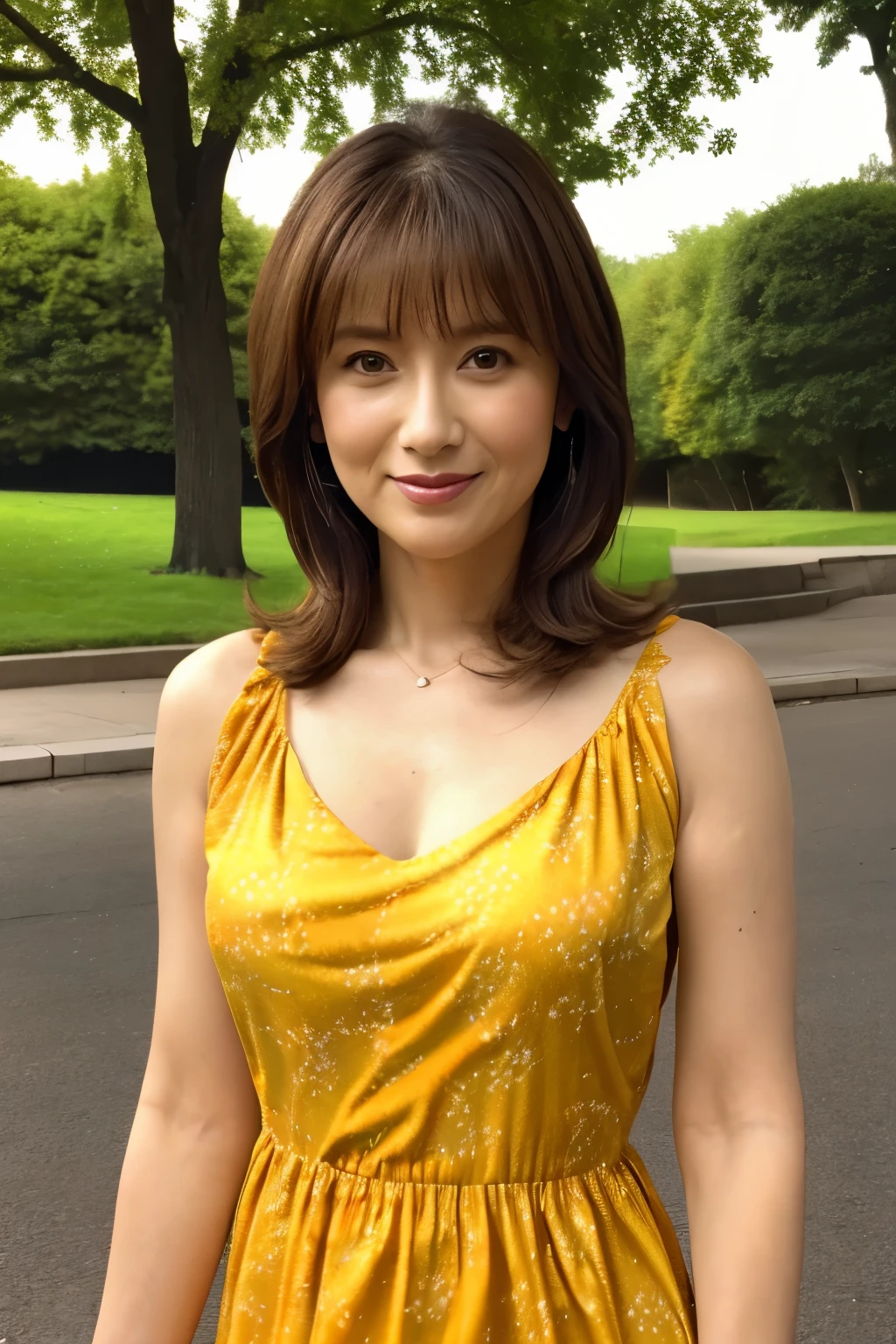 highest quality, masterpiece, High resolution, Photoreal, Raw photo, 8k wallpaper, Flawless, professional lighting, very detailed, Depth of the bounds written, ((one beautiful woman)), 40 years old, sexy woman, ((Yellow, orange and green fancy patterned printed dress)), Upper body, ((look into the viewer&#39;s eyes)), detailed face, beautiful eyes, ((facing the front)), ((at the park)), (sunny), bangs, well-shaped chest, cleavage, light brown straight hair, faint lips, cowboy shot, ((arm between legs))