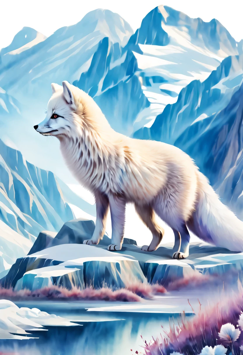 Double exposure of arctic fox and mountains, natural scenery, watercolor