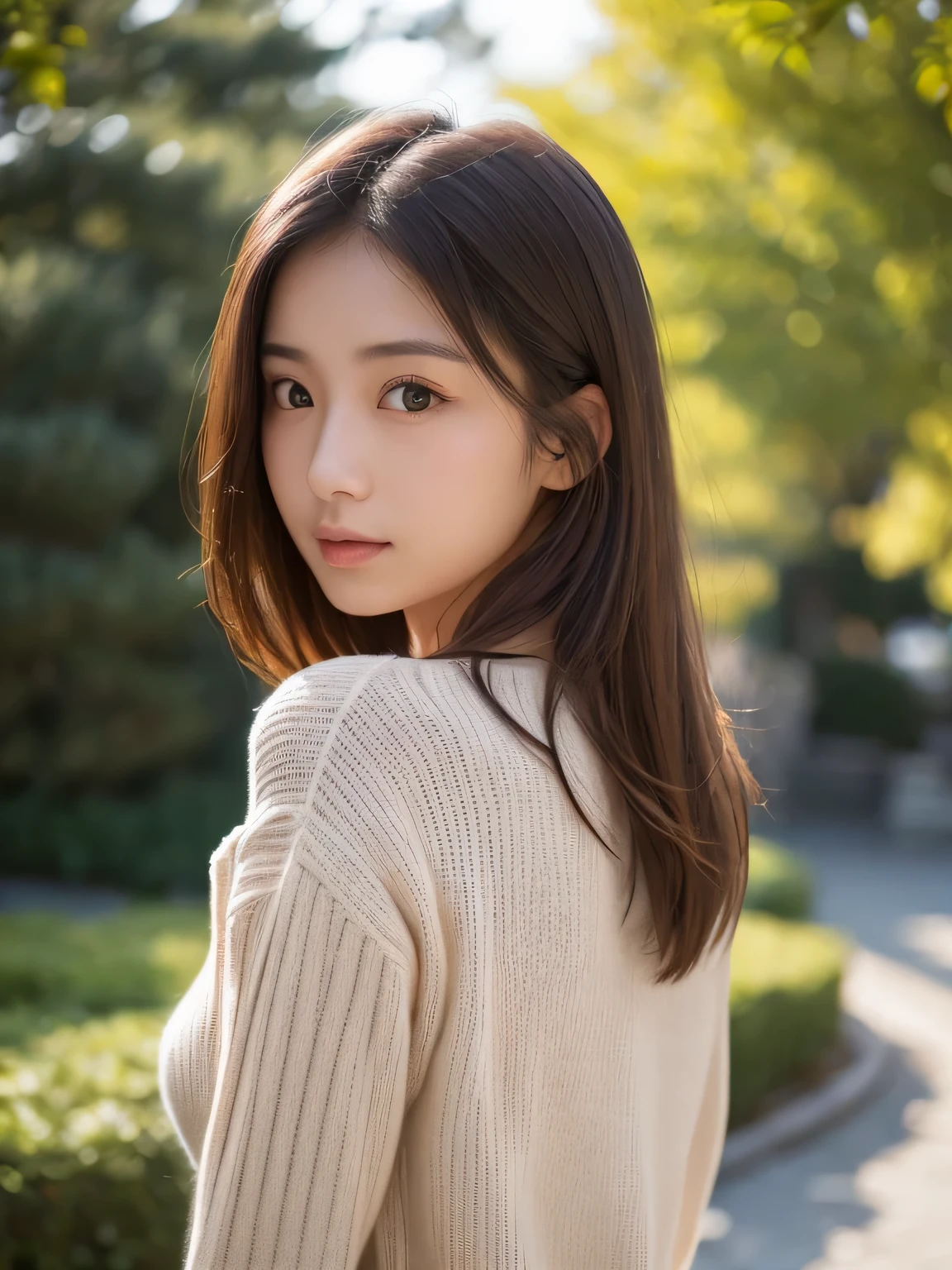 (long sleeve)(as,Chest Grab,breast lift,nipple)(RAW photo, highest quality), (realistic, Photoreal:1.3), masterpiece, very delicate and beautiful, soft light, (brown hair,bob hair, layer cut), beautiful detailed girl, (finger details), highly detailed eyes and face, beautifully detailed nose, fine and beautiful eyes, 1 girl, Japanese, pure beauty, cute, young, sweater, (Half body:1.3), (medium breasts), realistic face, realistic body, outdoors、(three-quarter length)
