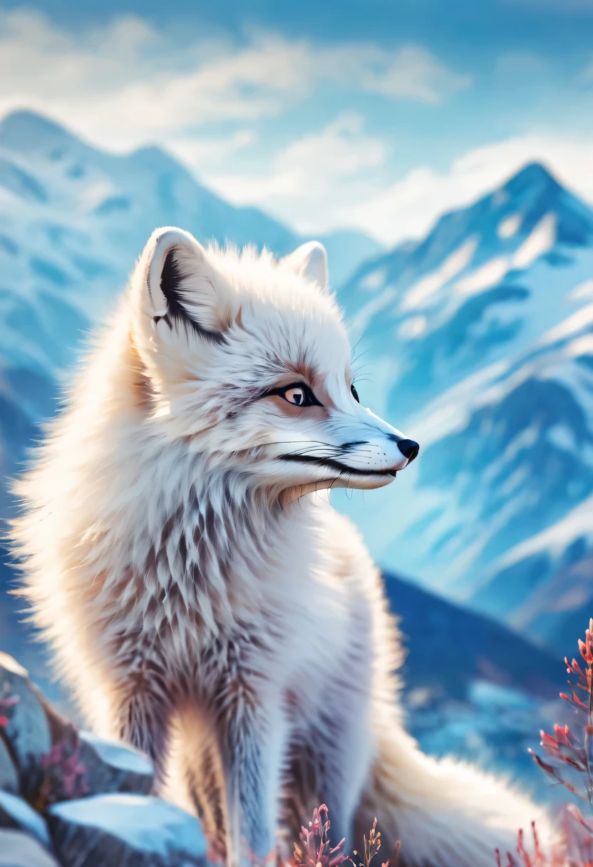 Double exposure of arctic fox and mountains, natural scenery, watercolor