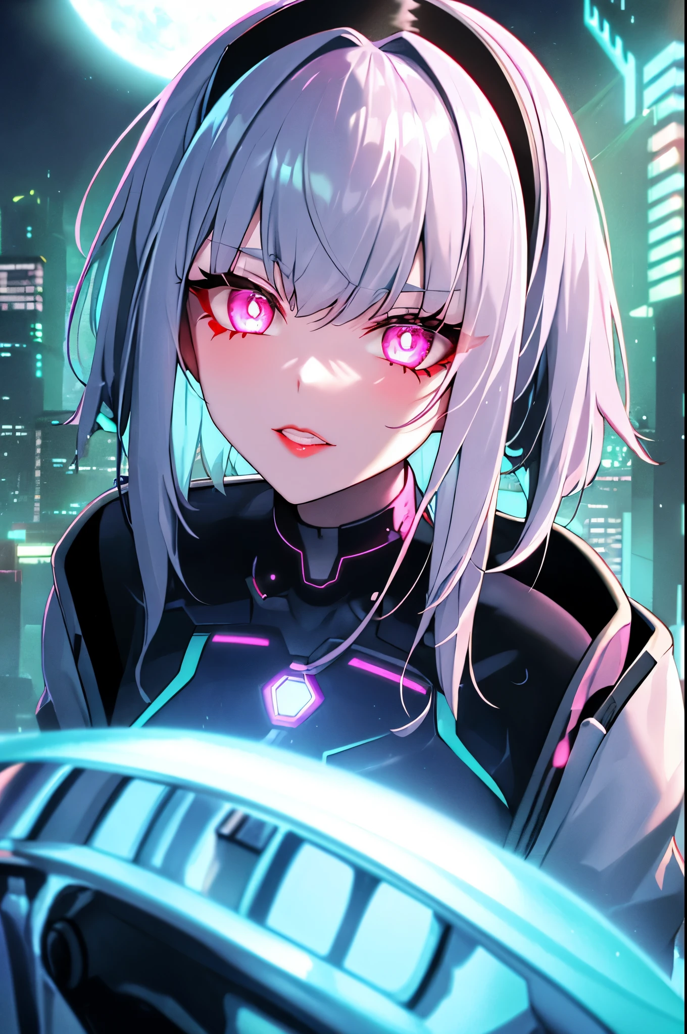 Lucy \(cyber punk\), 1 girl,  hair scrunchie, princess cut, silver hair, colored tips, full moon, gray eyes, Jacket, long sleeve, looking at the viewer, medium hair, colorful hair, parted bangs, parted lips, pink hair, portrait, red eyeliner, red lips, alone, white Jacket, cyber punk \(series\), rainy night in a cyber punk city with glowing neon lights

 