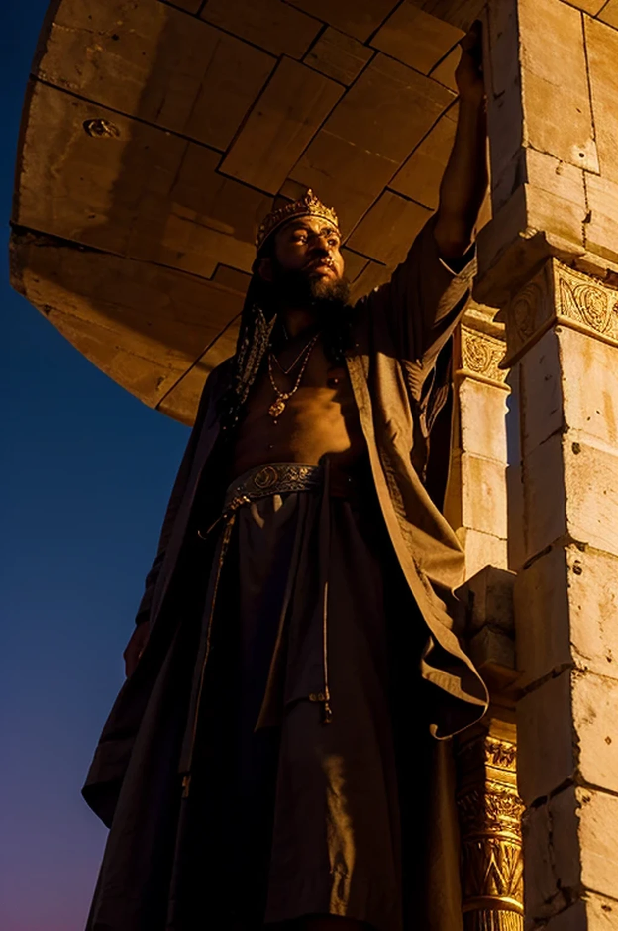 King Solomon on top of the temple writing at dusk