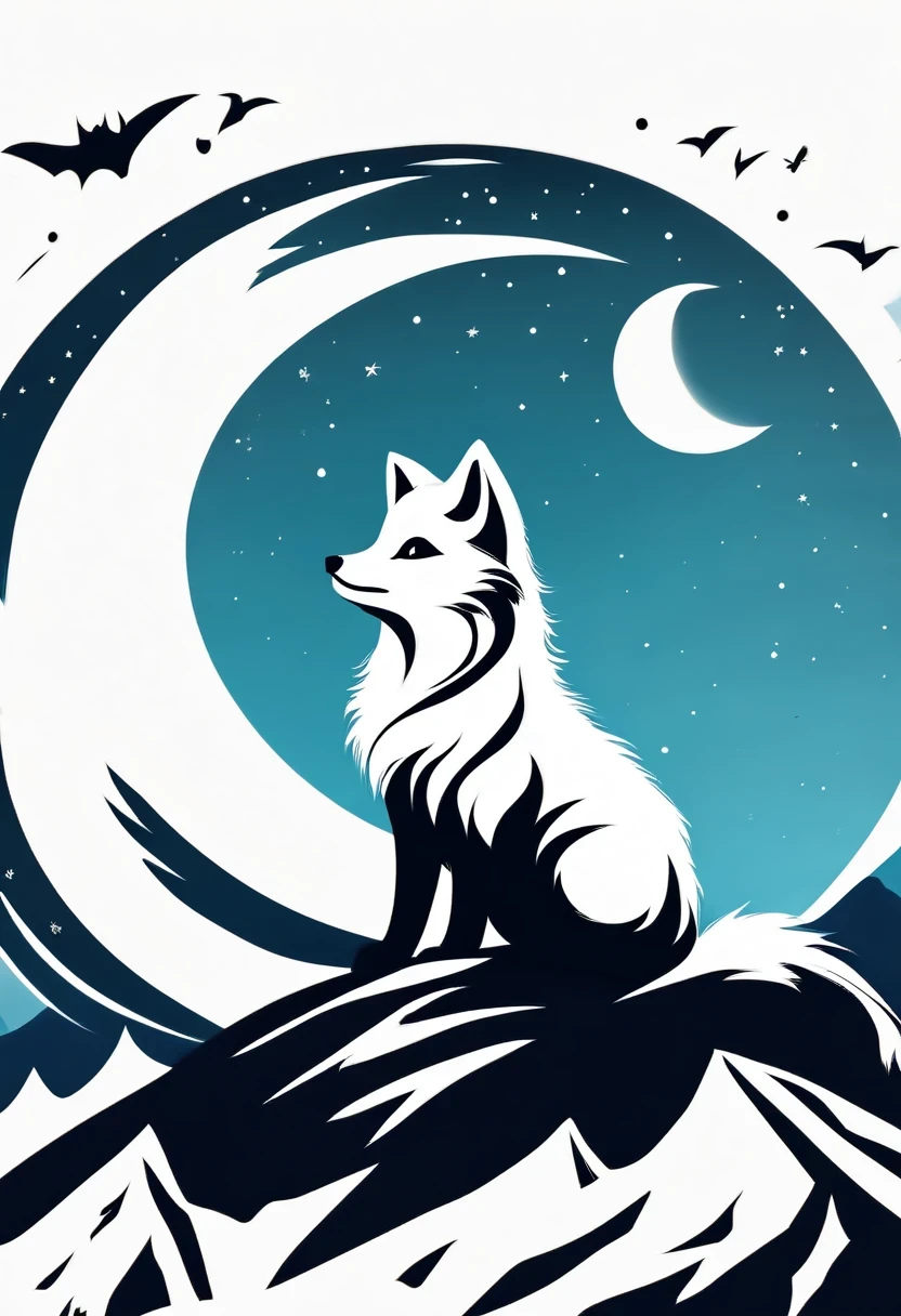 Arctic fox on top of mountain,look up at the moon,Dream,contour,minimalist,Gothic