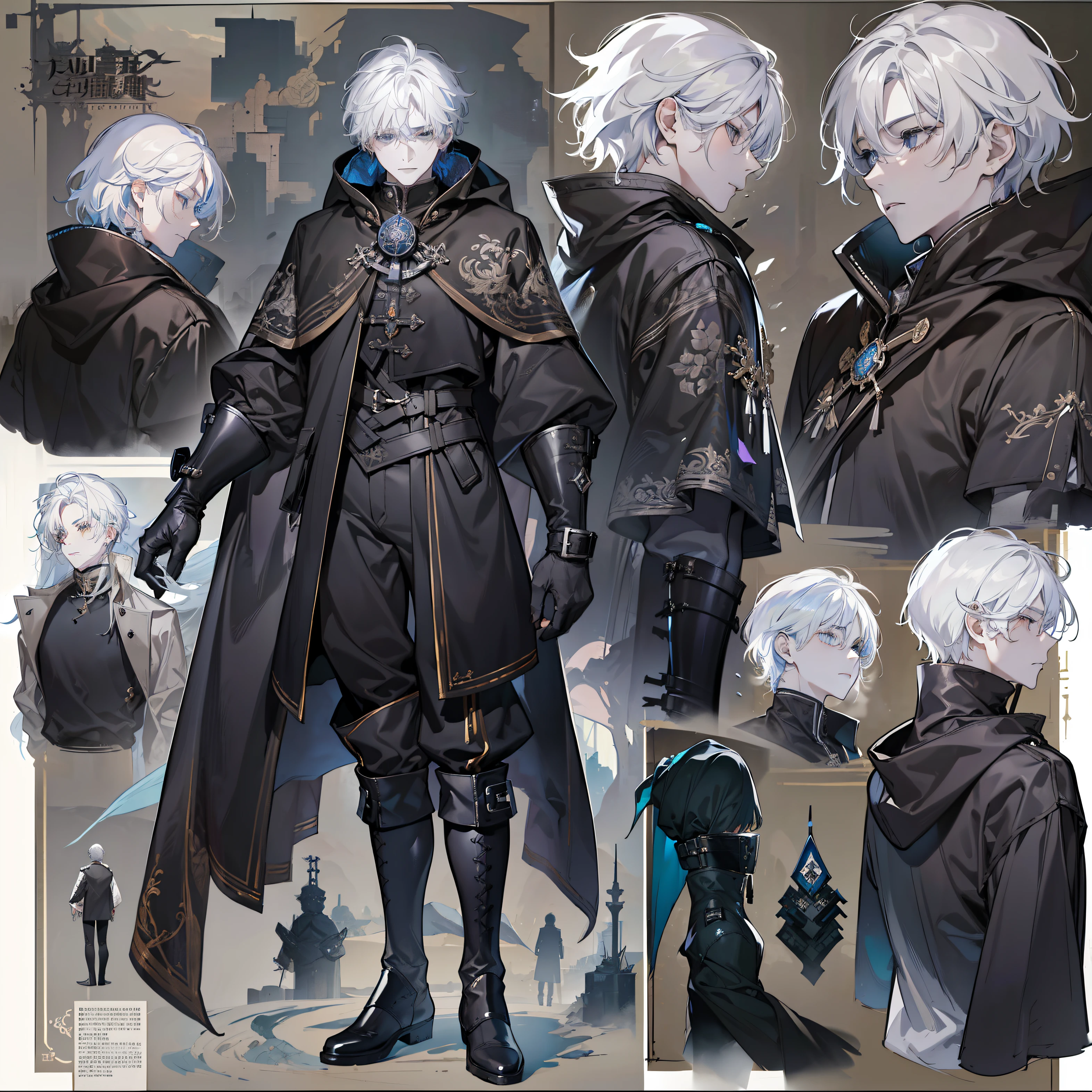 1 boy, alone, gray hair, short hair, gray eyes, black shirt, metal cuffs, black gloves, Raincoat, high boots, metal greaves, medieval theme, looking at the viewer, fantasy art, beautiful picture, gwaika style, magnificent exquisite character art, great character, (Reference sheet:1.5)