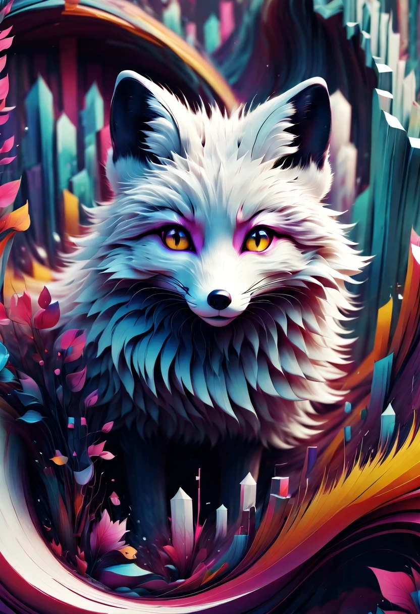 (arctic fox:1.8),Smooth、curve、irregular、clever、nature、ink、mottled、wet、rough、wind erosion,best quality,super detailed,actual,All kinds of creativity,detailed,Unique,Fashion,beautifully,Playful and vibrant design,artistic and expressive shapes,Beautiful textures and shadows,Precise and intricate details,Professional digital rendering,vivid works,Vibrant colors and gradients,Light and shadow effects,Eye-catching and visually appealing,Clever and imaginative design,eye-catching,innovative and modern,Sophisticated and elegant style,Diverse and unconventional,Inspiring and creative arrangements,Composition and balance in design,Art Deco and Retro Style,Intricate decoration and embellishments,Experimentation and exploration of visual language,Smart and witty,Hand drawn and customized,abstract and symbolic expression,Astonishing,Harmony of form and function,Come alive with art, 来自大nature的灵感,architectural and cultural elements,A fusion of traditional and modern styles,The perfect fusion of art and technology.